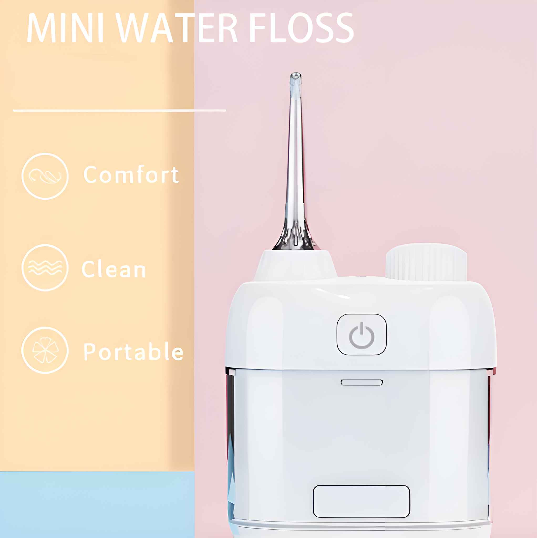 Weißer Mini-Wasser-Flosser mit silberner Düse auf rosa Hintergrund. Text: Komfort, sauber und tragbar.