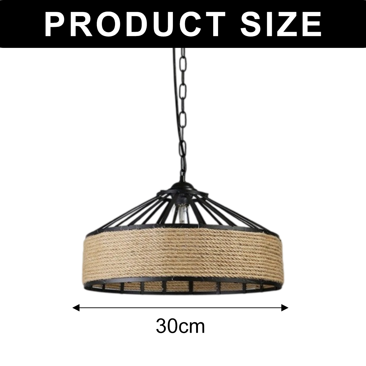 Eine Pendelleuchte aus schwarzem Metall und Seil. Der Durchmesser beträgt 30 cm. Der Text PRODUKTGRÖSSE steht oben.