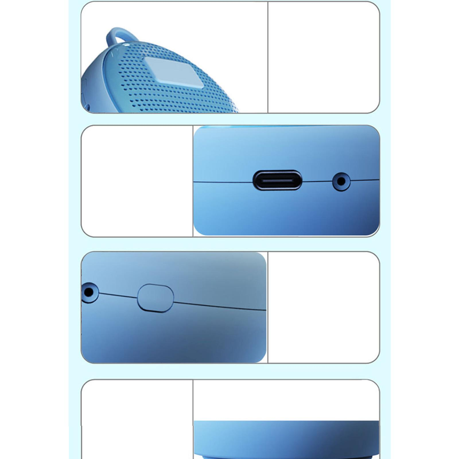 Blaue Lautsprecherdetails: Griff, perforierte Oberfläche, Anschluss. Nahaufnahmen eines USB-Anschlusses und einer Ein/Aus-Taste.