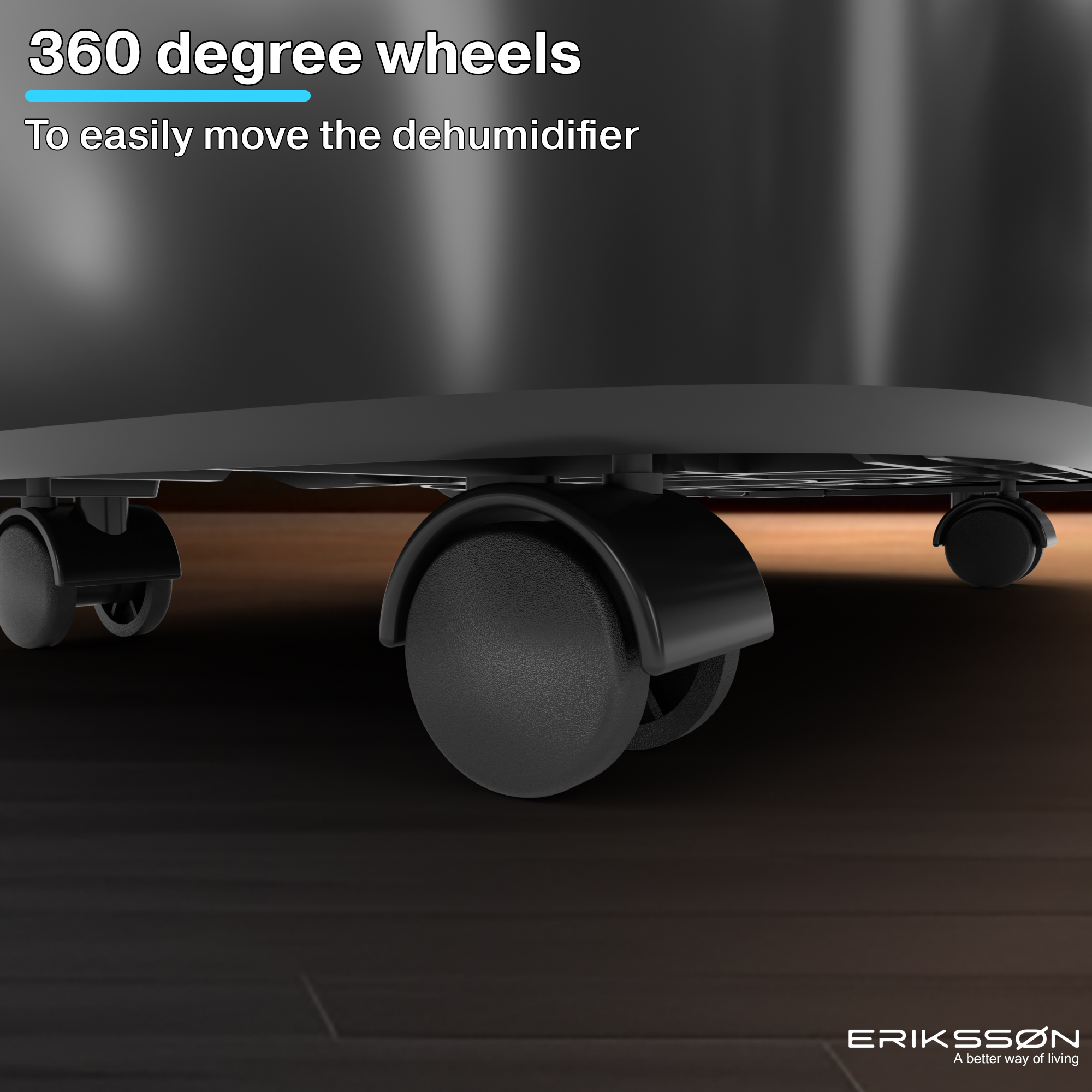 Roues noires du déshumidificateur. Il a des roues à 360 degrés. Le fond est un plancher en bois. L'image est d'Erikssøn.