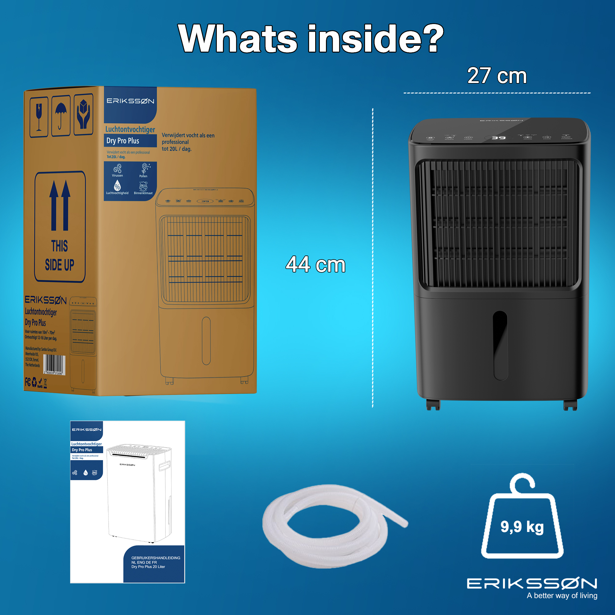 L'image montre un déshumidificateur d'air, une boîte, un tube et un manuel. Le déshumidificateur est noir. Fond bleu.