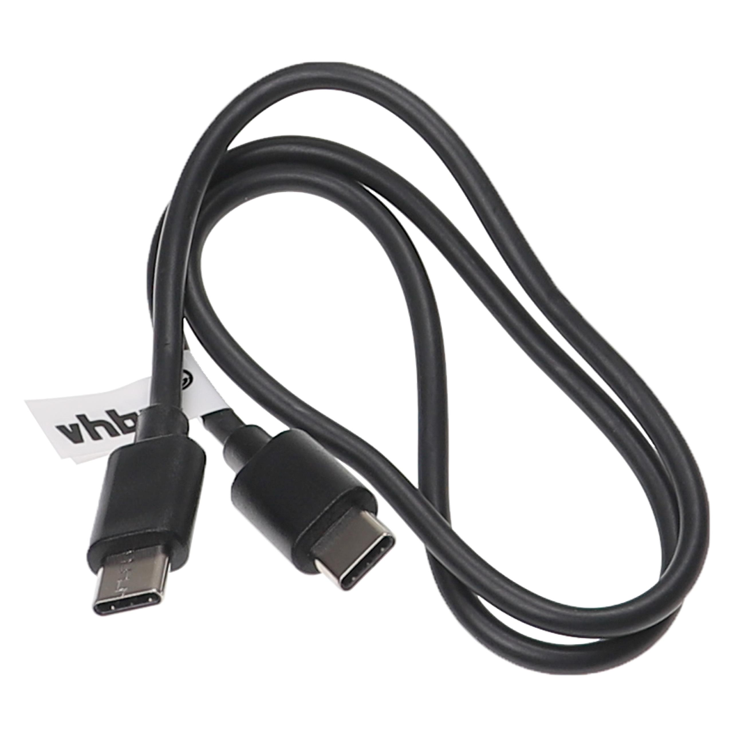 Ein schwarzes USB-C-Kabel liegt vor einem weißen Hintergrund. An einem Ende steht 'vhb'.