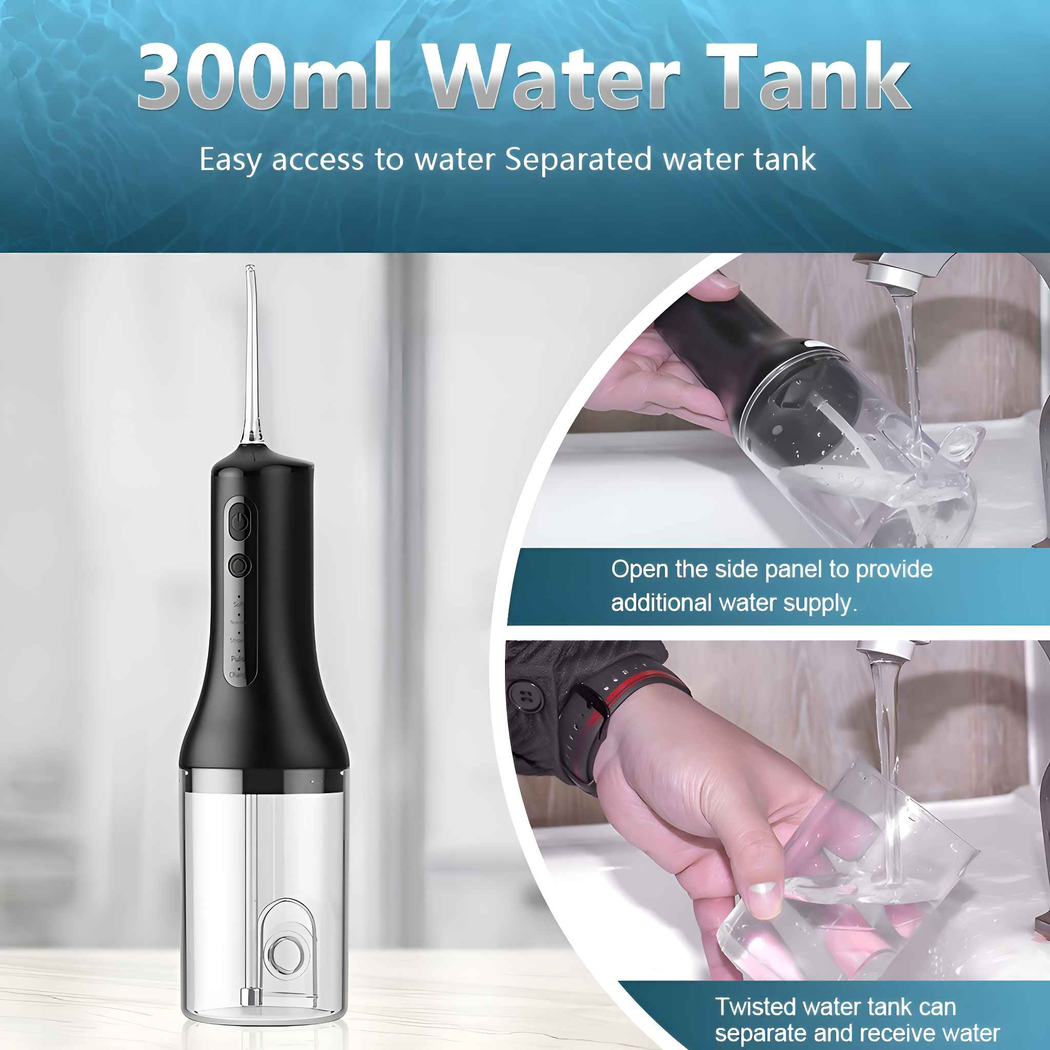Bild zeigt einen schwarzen und transparenten Wasserflosser. Text hebt Funktionen wie einfachen Zugang und einen separaten Wassertank hervor.