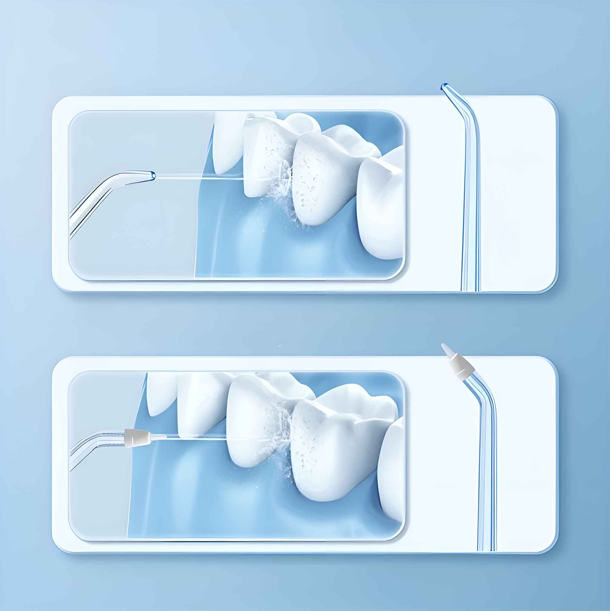 Eine Illustration zeigt Zähne, die mit einem Wasserflosser gereinigt werden. Zwei Rahmen zeigen das Verfahren mit Wasserspray.