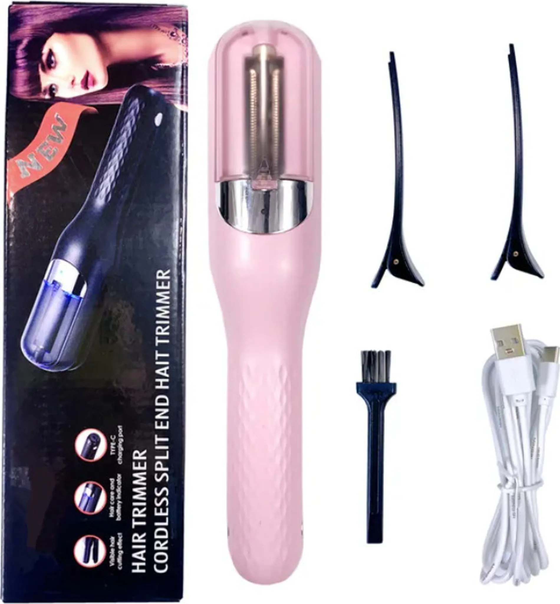 Das Bild zeigt einen rosa Haarschneider, eine schwarze Box, Haarspangen, eine Bürste und ein USB-Kabel. Der Trimmer ist für Spliss.