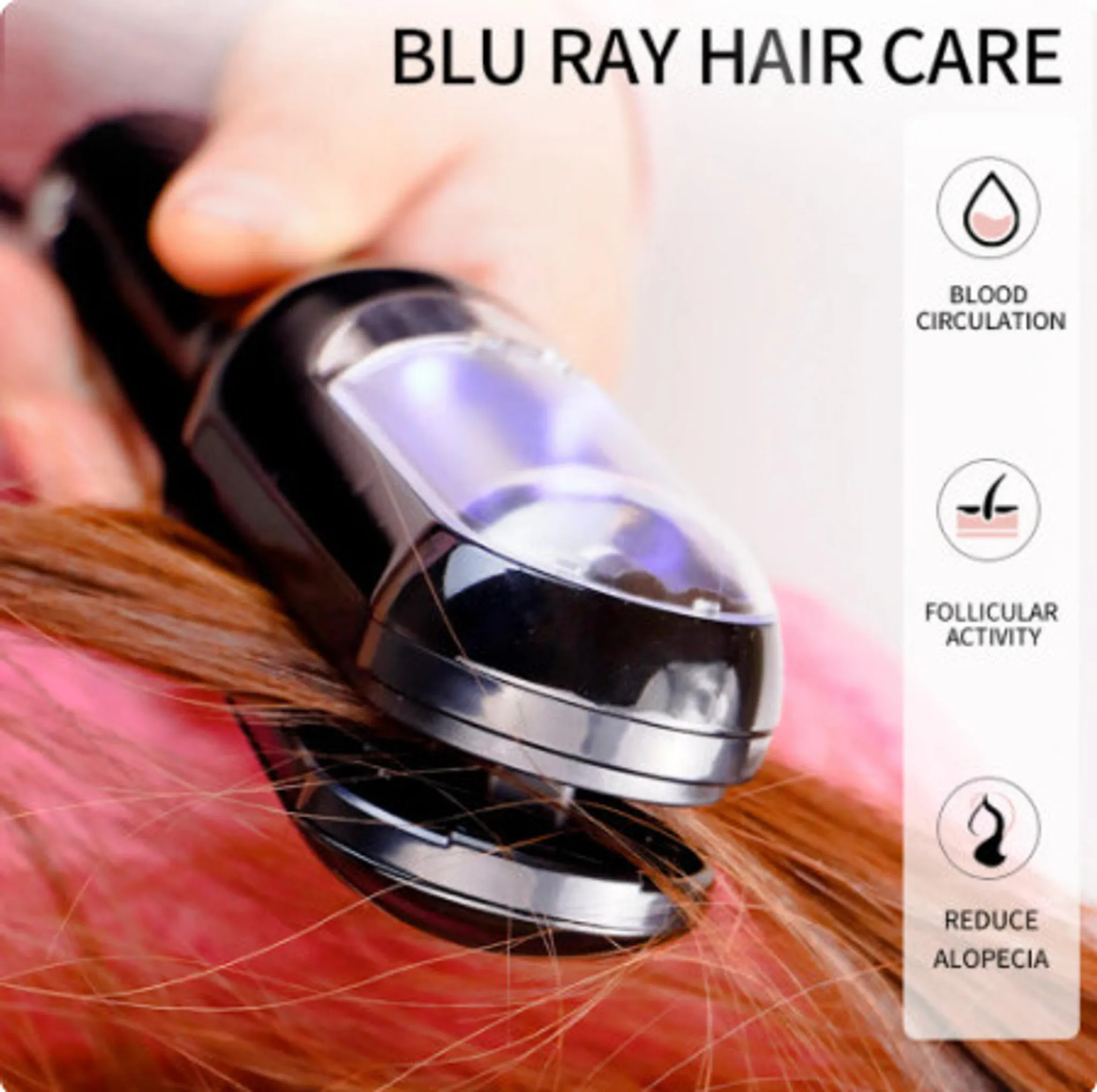 Ein Haarpflegegerät wird auf dem Haar verwendet. Der Text lautet 'Blu Ray Hair Care'. Icons zeigen die Durchblutung, die Follikelaktivität und die Reduzierung von Haarausfall.