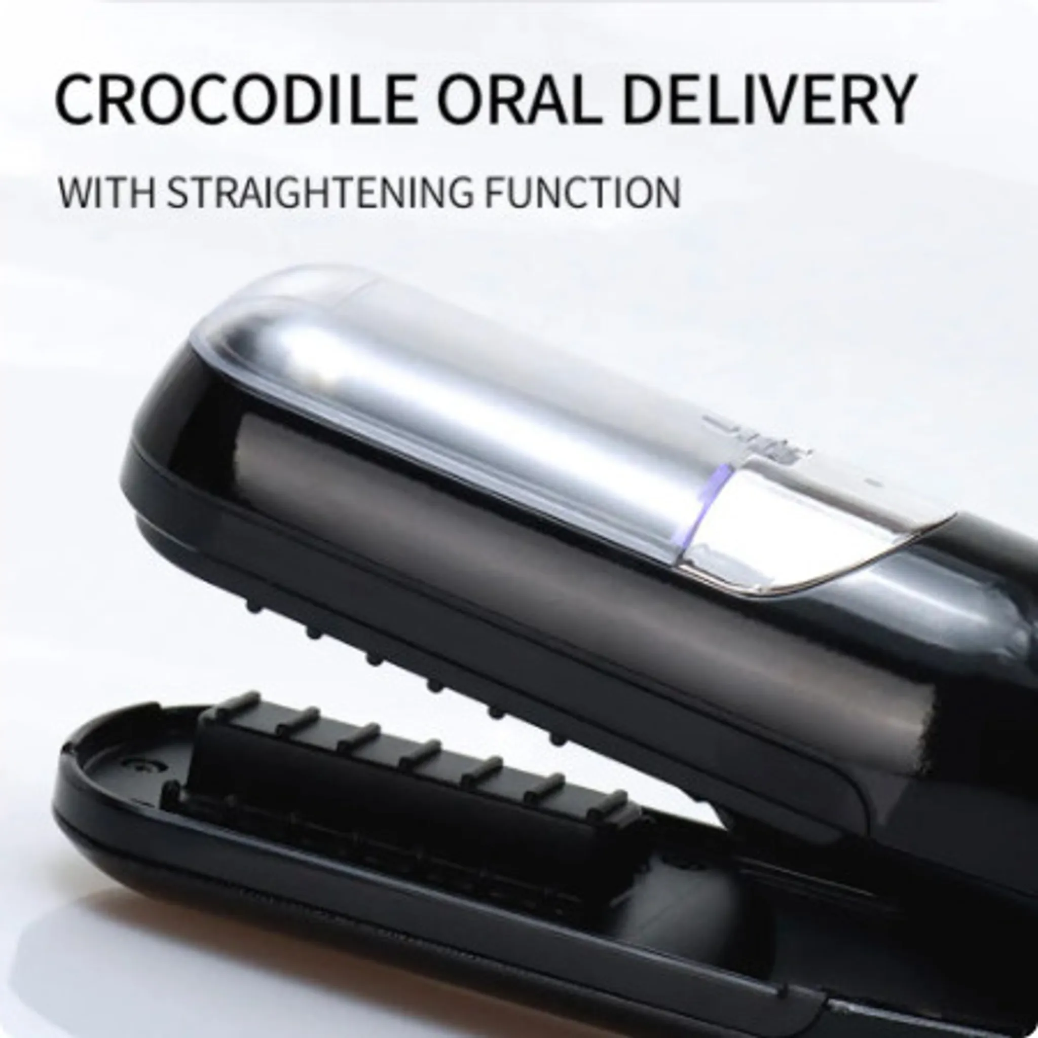 Schwarzer Haarglätter mit klarem Oberteil, der Text lautet 'Crocodile Oral Delivery with Straightening Function'.
