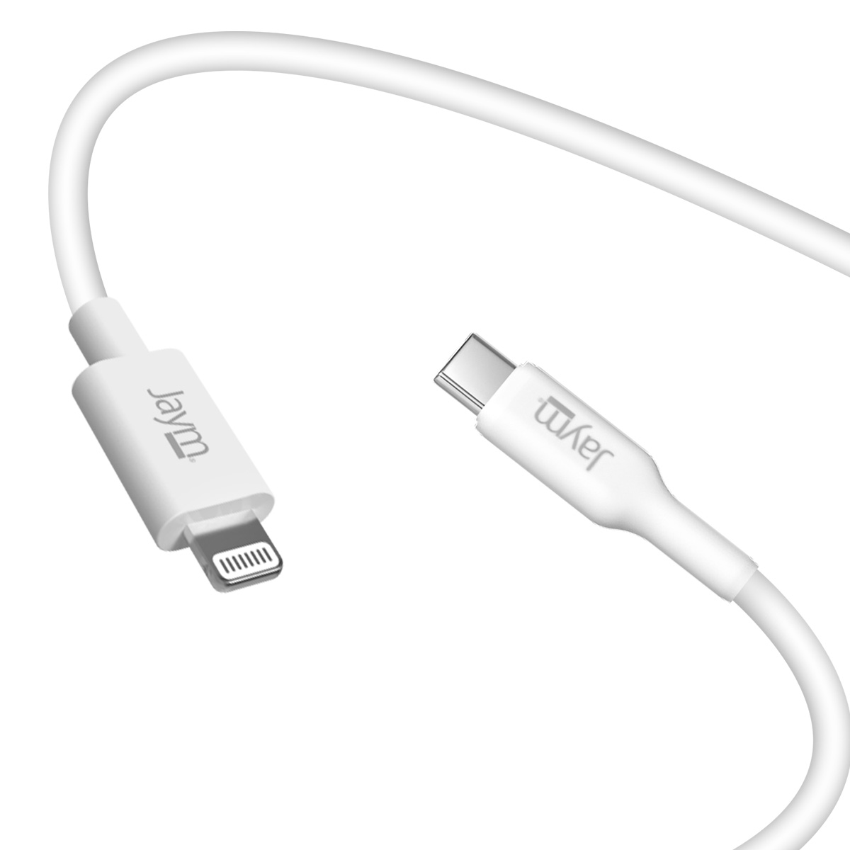 Cavo di ricarica bianco con connettori Lightning e USB-C, entrambi con l'etichetta "jaym."