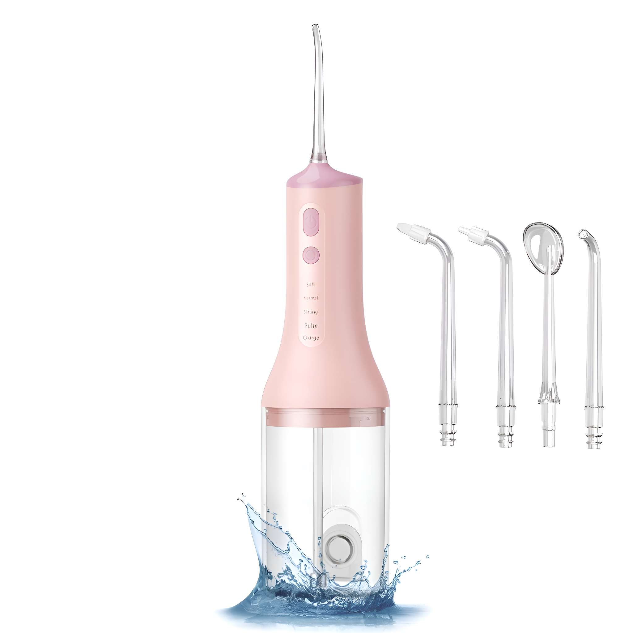 Rosa-weißer Munddusche mit Wasserstrahl und vier Spitzen. Es hat einen Tank, Knöpfe und eine lange Düse.