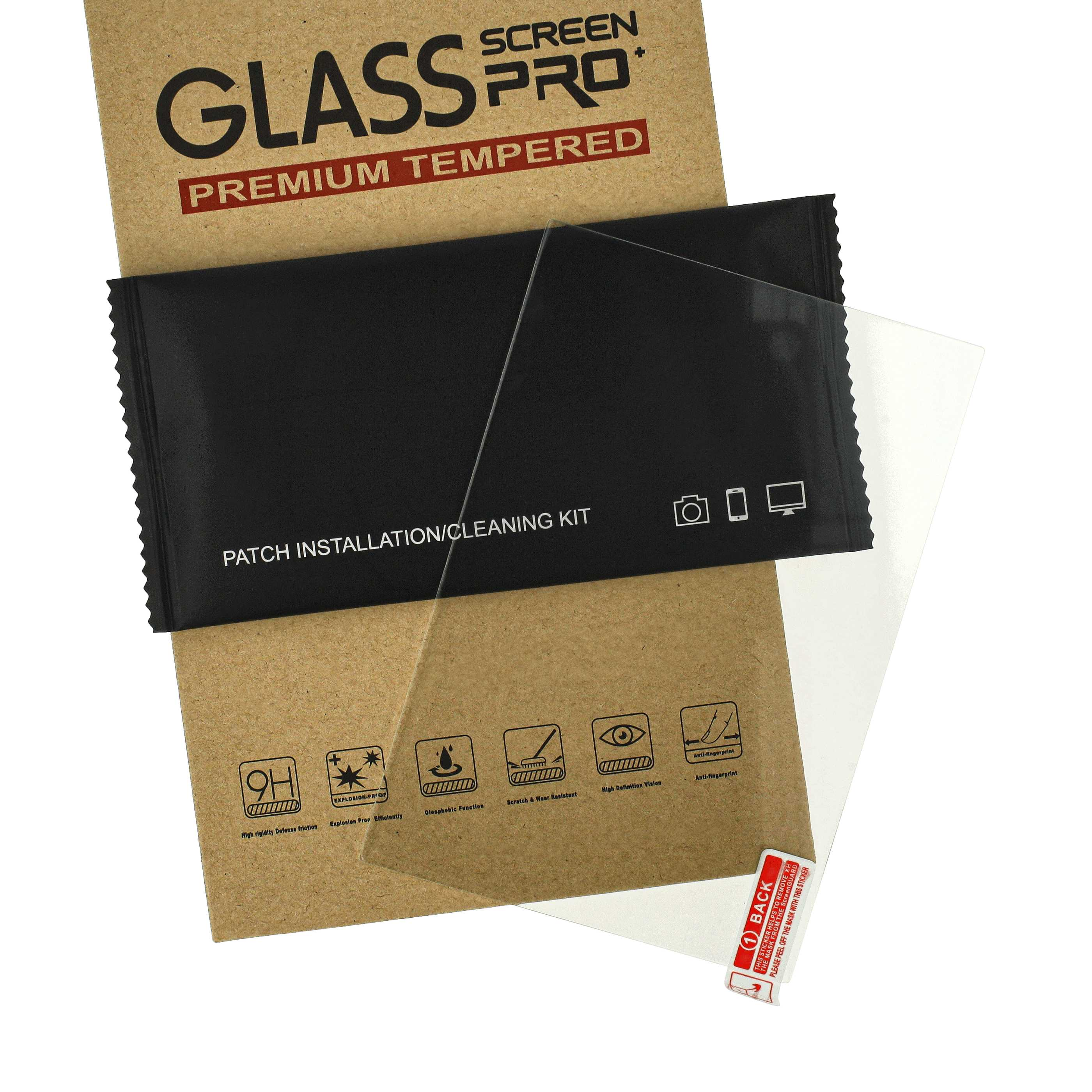 Ein Displayschutz-Kit mit braunem Karton. Enthält ein schwarzes Reinigungskit und eine transparente Schutzfolie.