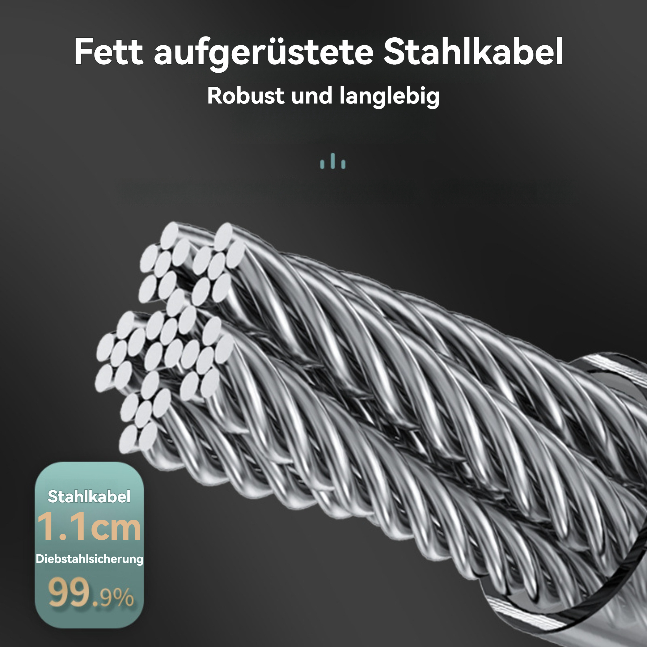Nahaufnahme eines Stahlseils mit deutschem Text. Das Seil ist dick und stark, mit einer grünen und orangen Infobox.