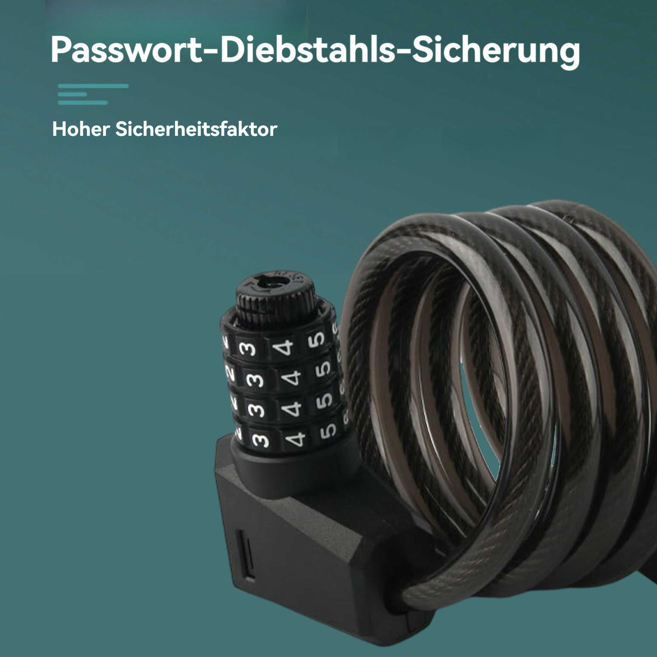 Ein schwarzes Zahlenschloss mit Spiralkabel wird gezeigt. Zahlen sind auf dem Schloss sichtbar. Der Hintergrund ist teal.