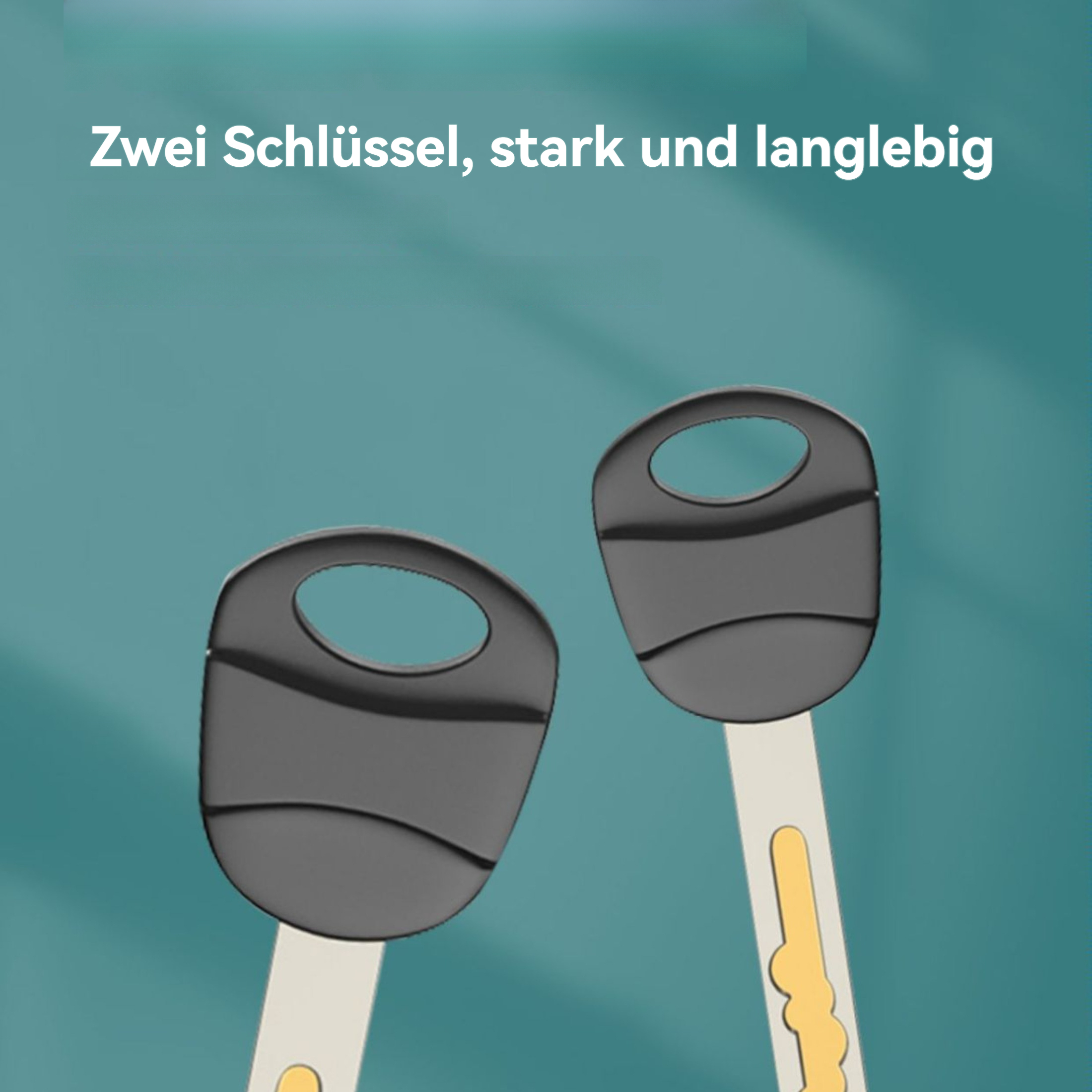 Zwei Schlüssel mit dunkelgrauen Köpfen und hellgelben Schäften auf türkisblauem Hintergrund. Text: 'Zwei Schlüssel, stark und langlebig'.
