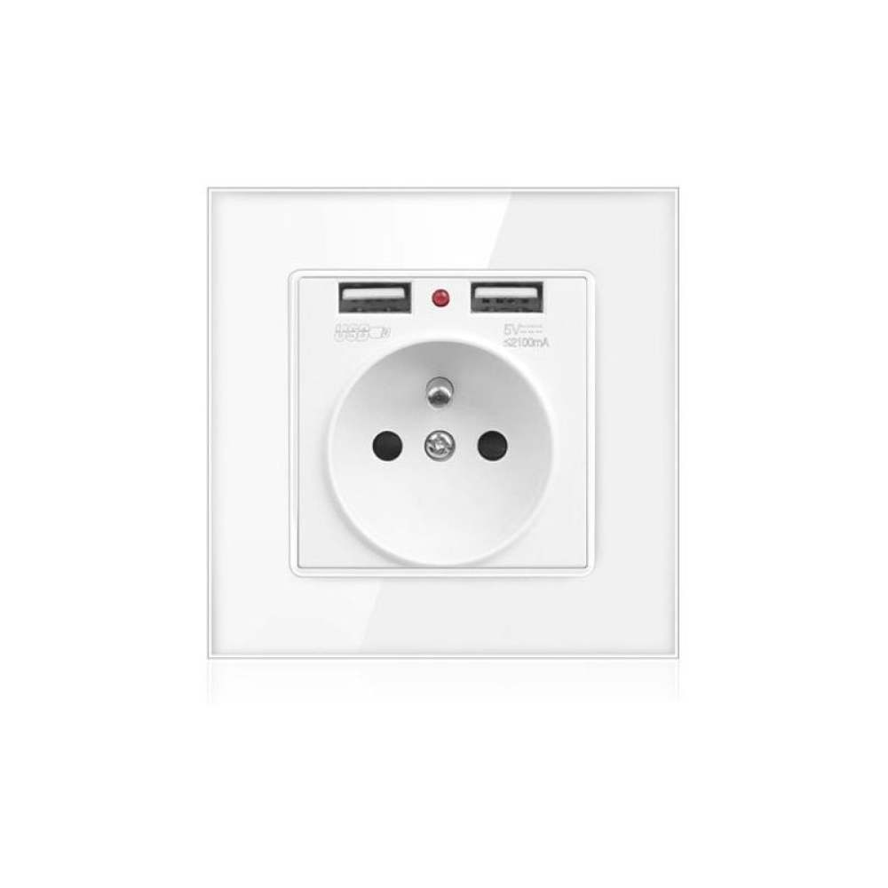 Weiße Steckdose mit USB-Anschlüssen. Merkmale: runde Buchse, zwei USB-Anschlüsse und eine rote Kontrollleuchte.