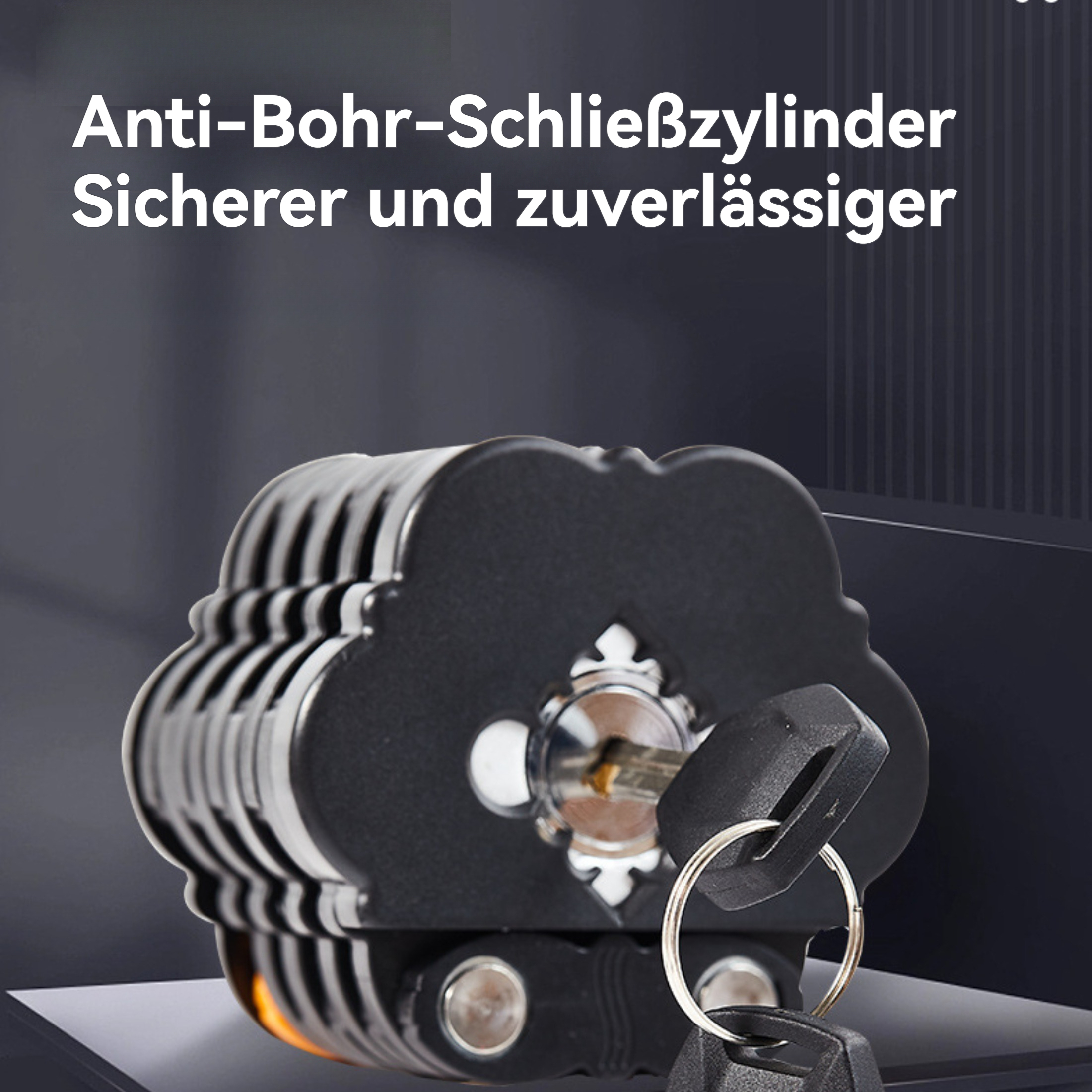 Schwarzes Anti-Bohr-Zylinderschloss mit Schlüsseln. Text: Anti-Bohr-Zylinder. Sicher und zuverlässig.