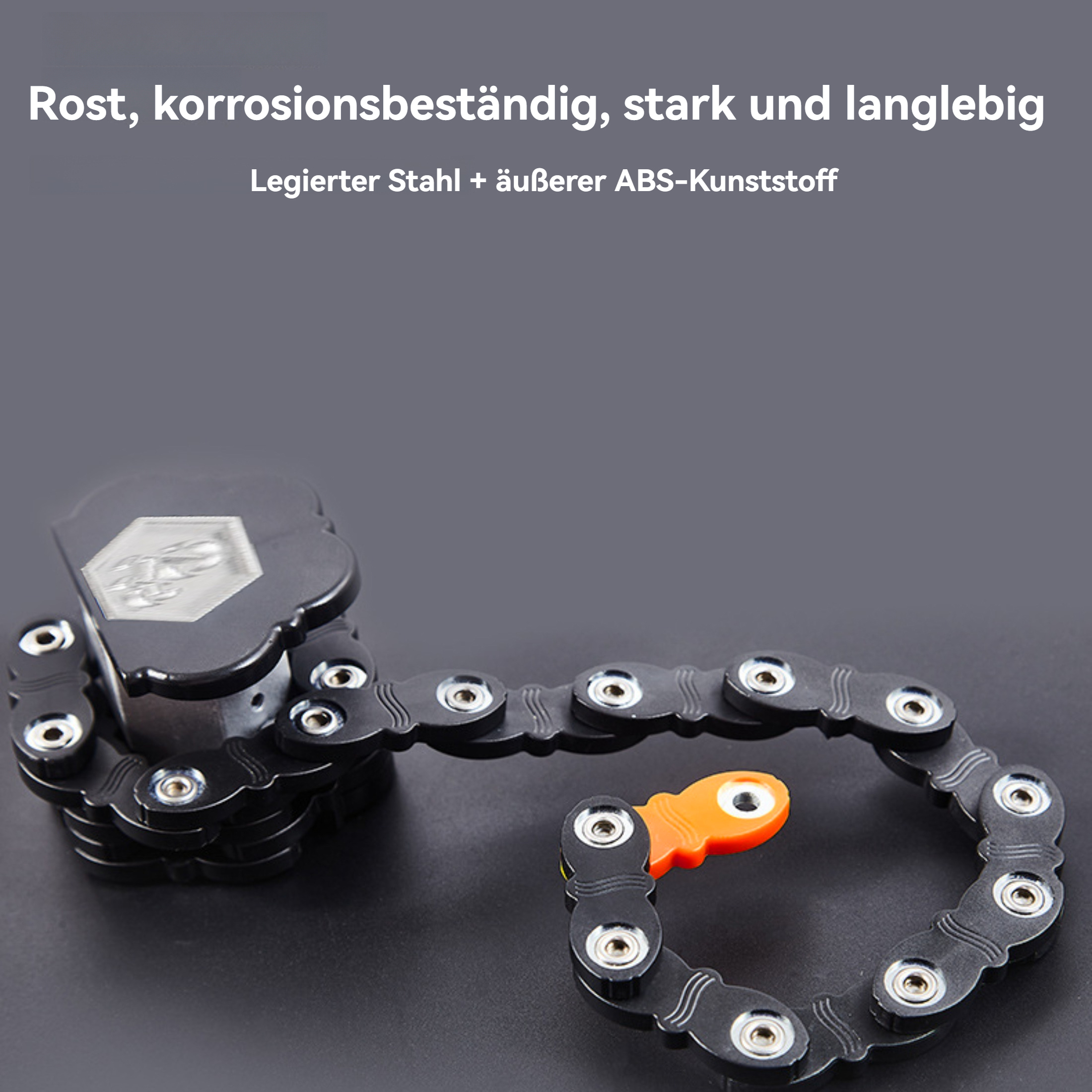 Schwarzes Fahrradschloss mit orangefarbenem Schlüssel. Text oben: Rostbeständig, stark und langlebig. Aus legiertem Stahl und ABS-Kunststoff.