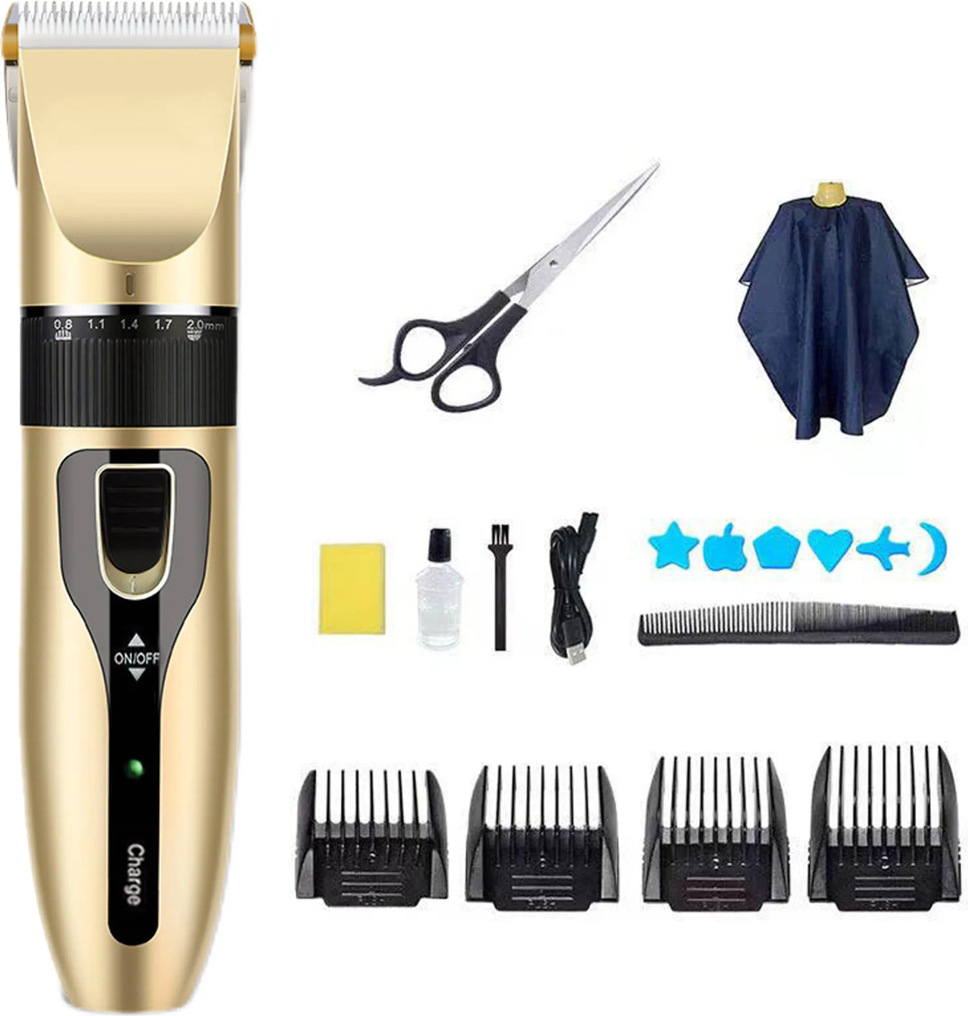 Ein goldener Haarschneider mit Zubehör wie Schere, Umhang, Kämmen und Aufsätzen auf weißem Hintergrund.