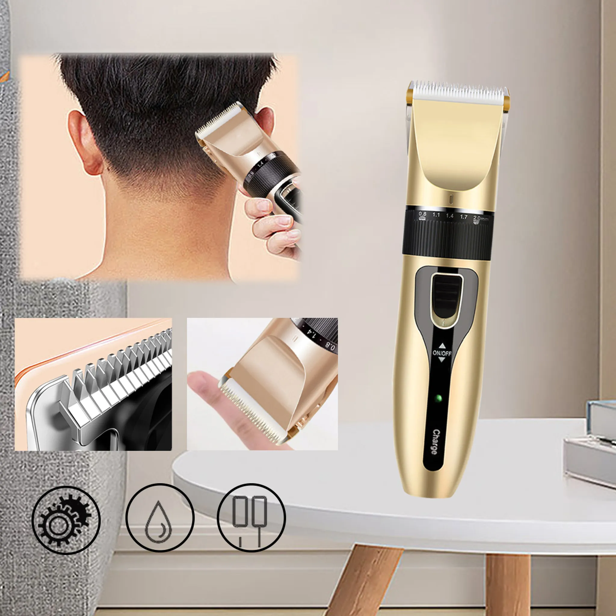 Ein goldener Haarschneider, mit Nahaufnahme der Klinge und einer Person, die ihn benutzt. Zusätzliche Symbole und Details sind vorhanden.