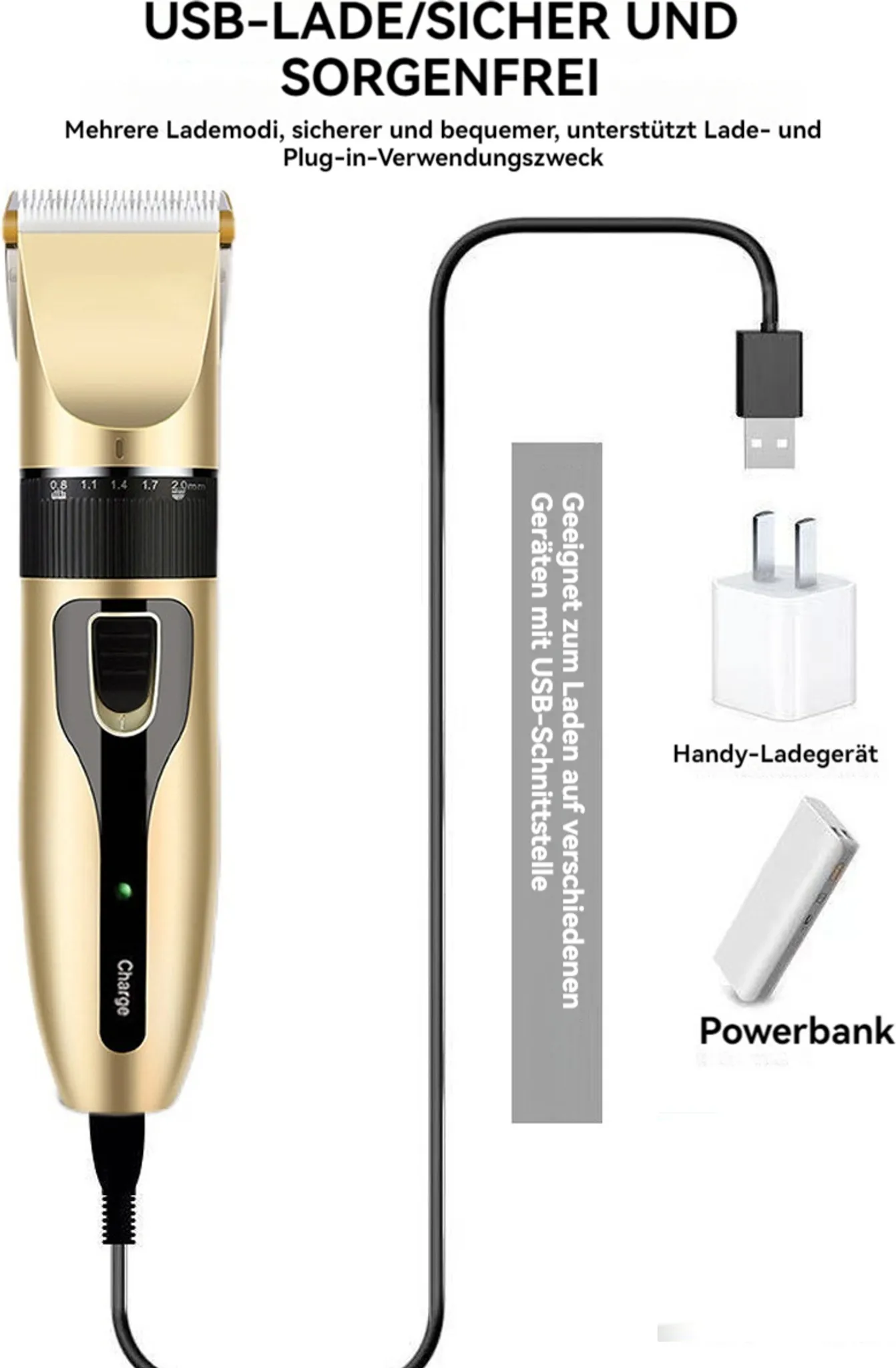Goldener Haarschneider mit Ladekabel, Powerbank und Ladegerät. Text: 'USB-LADE/SICHER UND SORGENFREI' und 'Charge'.