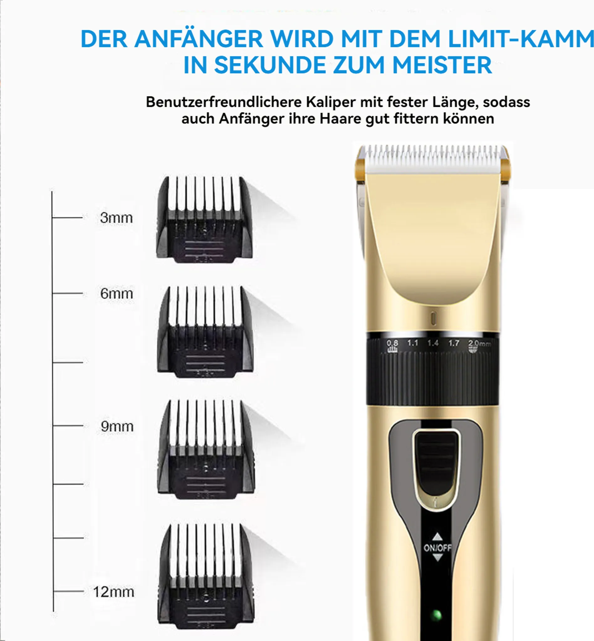Das Bild zeigt einen goldenen Haarschneider und vier schwarze Clipperaufsätze in verschiedenen Größen sowie Text auf Deutsch.