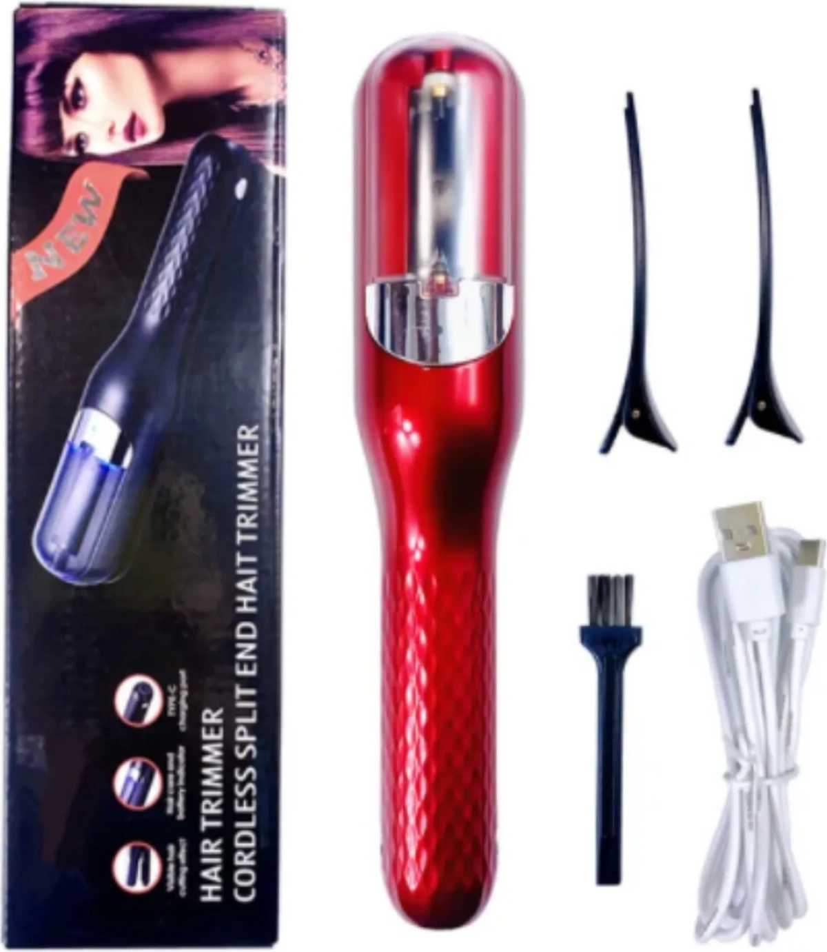 Ein roter Haartrimmer, eine Box mit einer Frau, Haarspangen, einer Reinigungsbürste und einem USB-Kabel. 'NEU'-Etikett auf der Box, Text: Kabelloser Spliss-Haartrimmer.