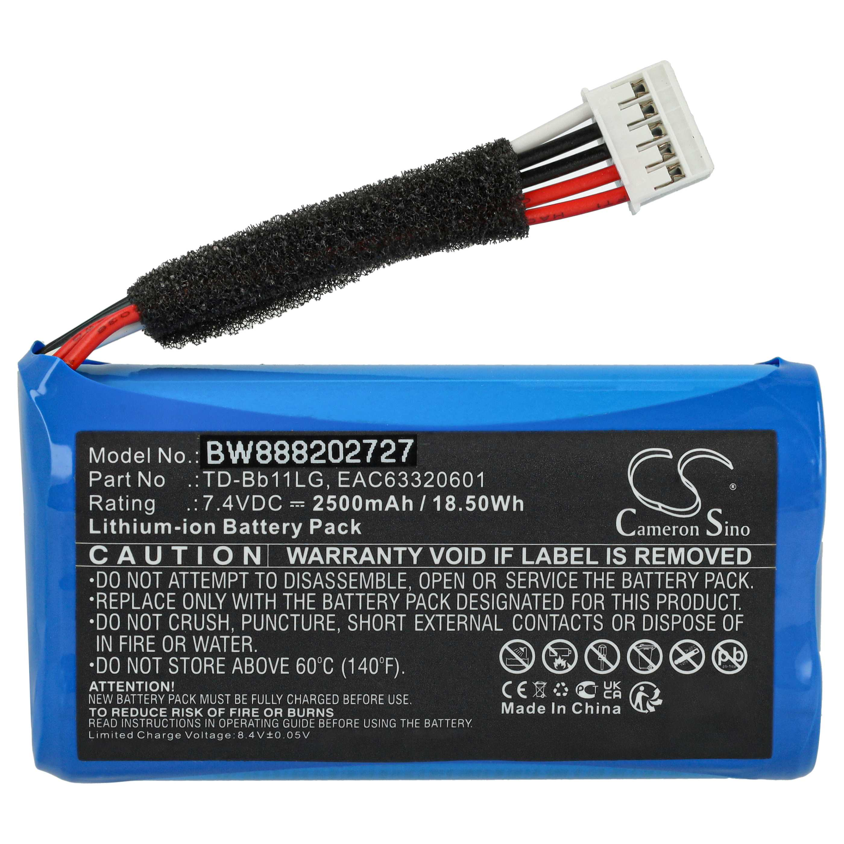 Blauer Akku mit Drähten und Stecker. Schwarzer Schaum schützt die Drähte. Text auf dem Akku mit Details und Warnhinweisen.