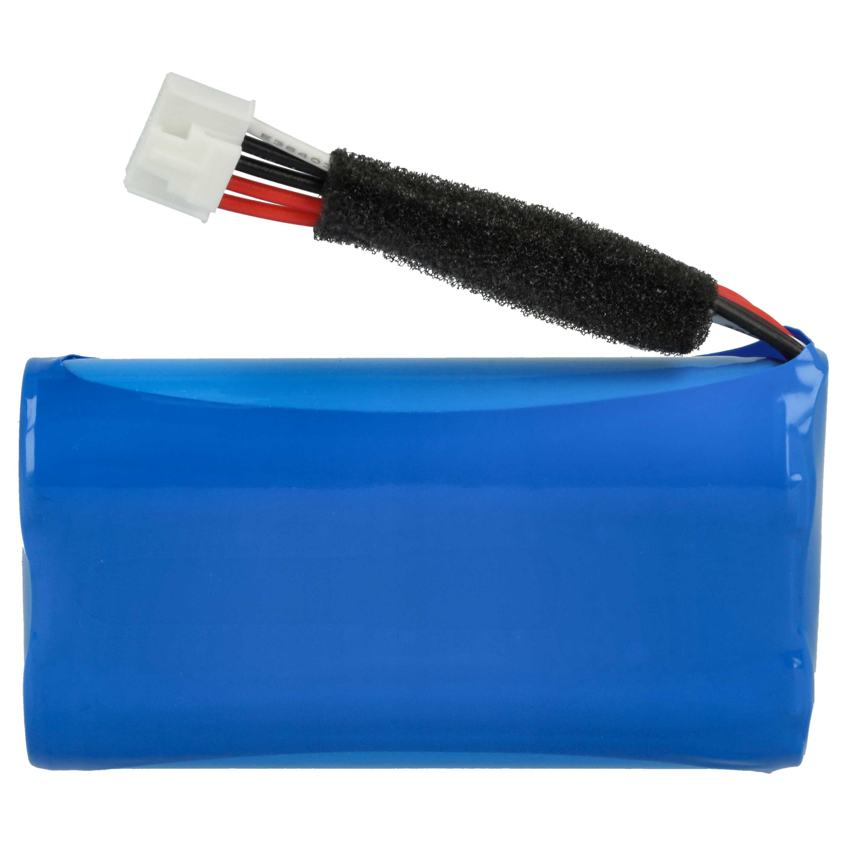 Ein blauer Akku mit Drähten und einem weißen Stecker. Die Drähte sind schwarz und rot, bedeckt von Schaum.
