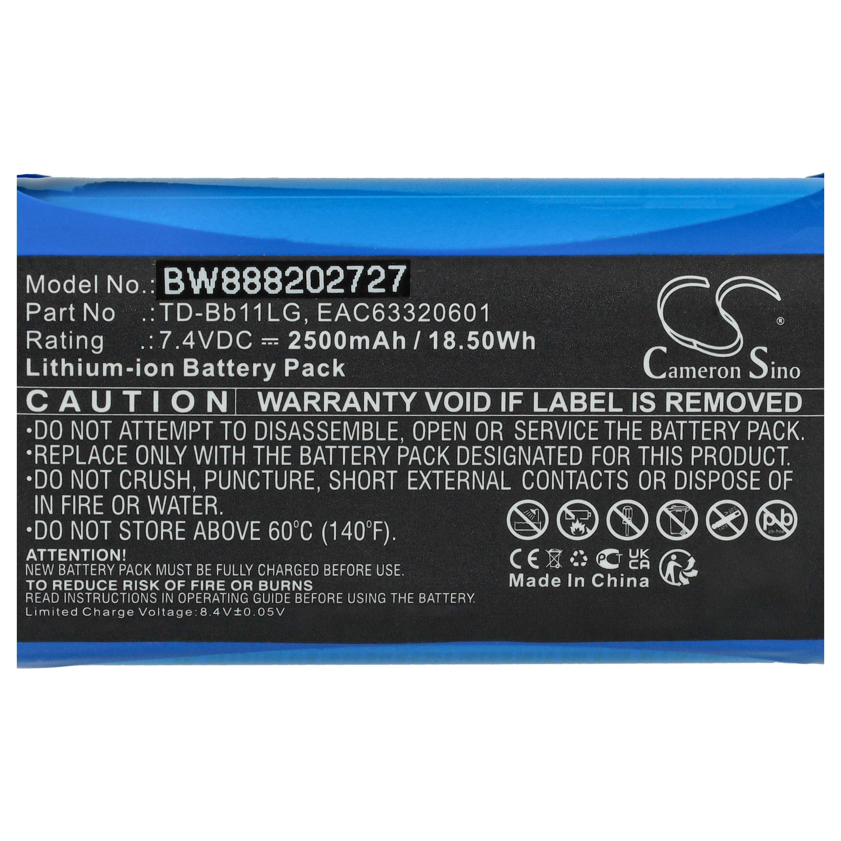 Batteriepack-Etikett mit Text: Modell, Teil, Bewertung, Vorsicht und Warnungen. Blaues und schwarzes Farbschema. Cameron Sino Logo sichtbar.