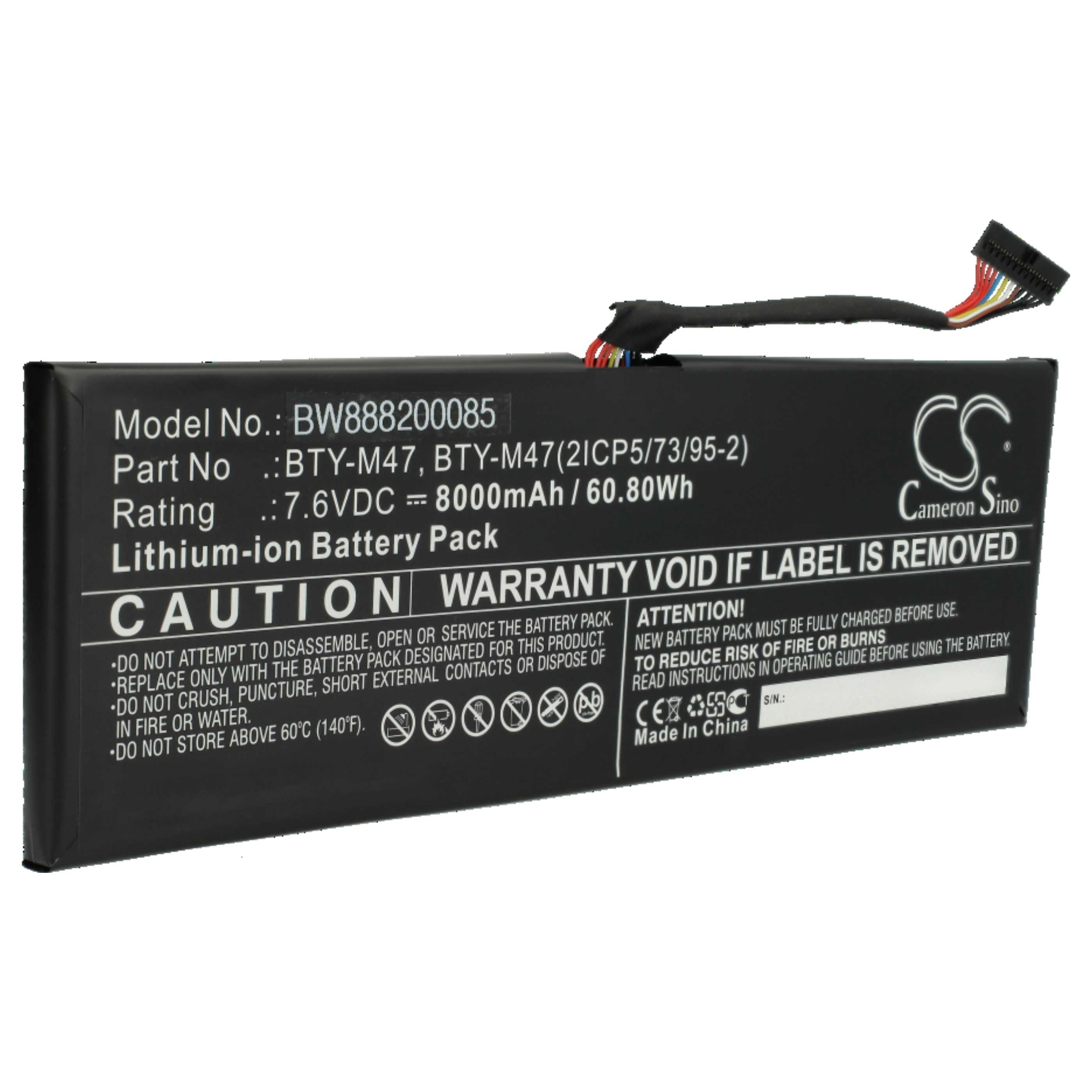 Ein schwarzes Akku-Pack mit weißem Text. Oben sind Drähte und ein Stecker zu sehen. Auf dem Etikett steht Lithium-Ionen-Akku.