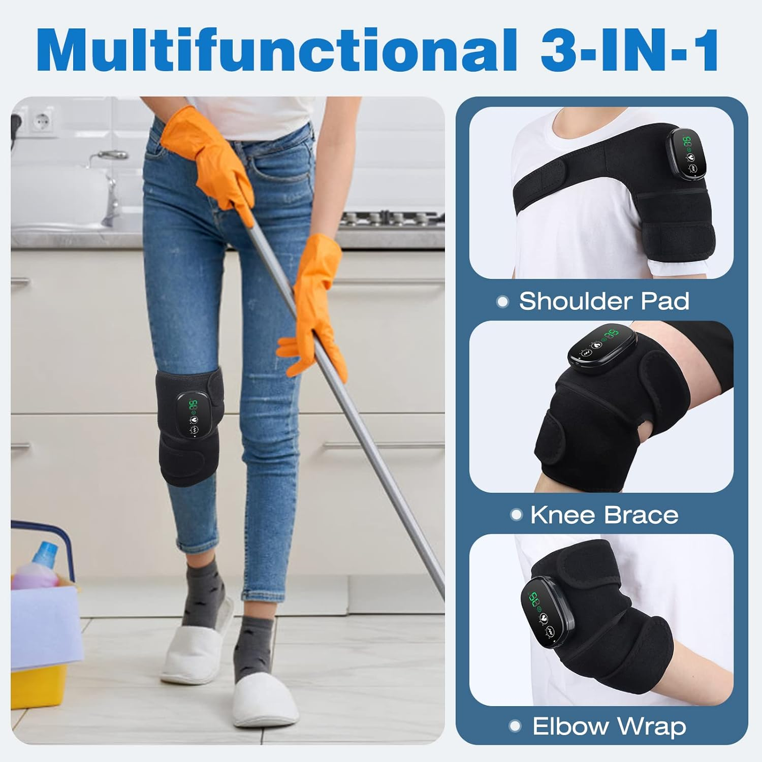 Eine Frau in Jeans und orangen Handschuhen wischt mit einer Knieorthese. Darstellungen von Schulterpolster, Knieorthese und Ellenbogenbandage sind gezeigt.