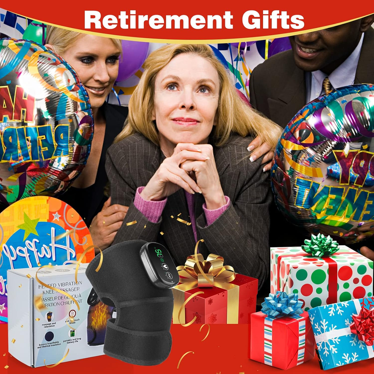 Eine Frau blickt nach oben, umgeben von Menschen und Luftballons. Geschenke und ein Kniemassagegerät sind vorne. Die Szene deutet auf eine Rentenfeier hin.