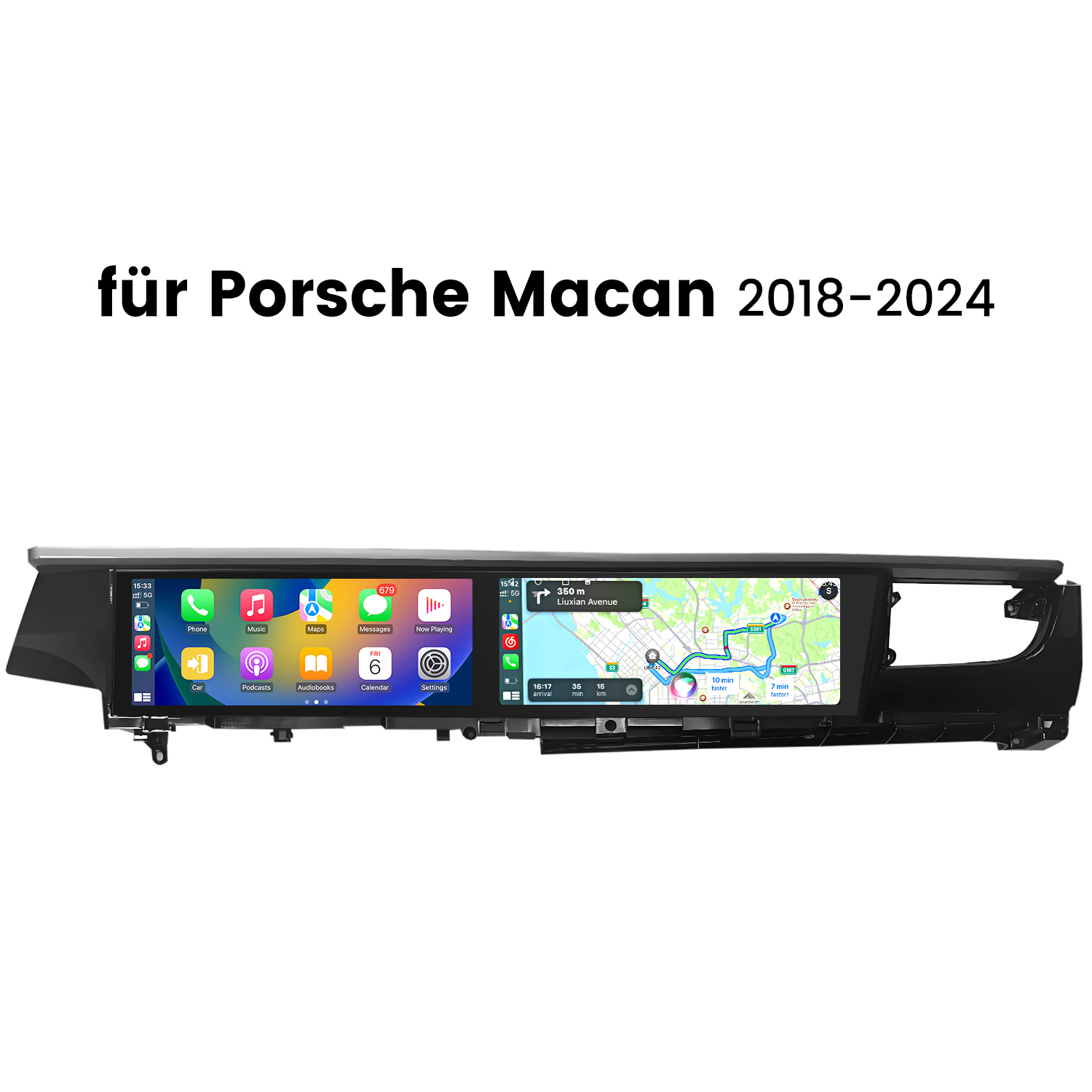 Ekran konsoli samochodowej wyświetlający aplikacje i mapę nawigacji. Tekst: für Porsche Macan 2018-2024.