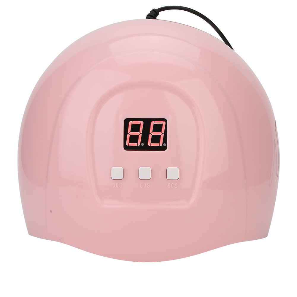 Eine rosa Nagellampe mit digitaler Zeitanzeige, die '88' anzeigt. Drei Tasten mit der Aufschrift 30s, 60s und 90s. Ein schwarzes Kabel ist befestigt.