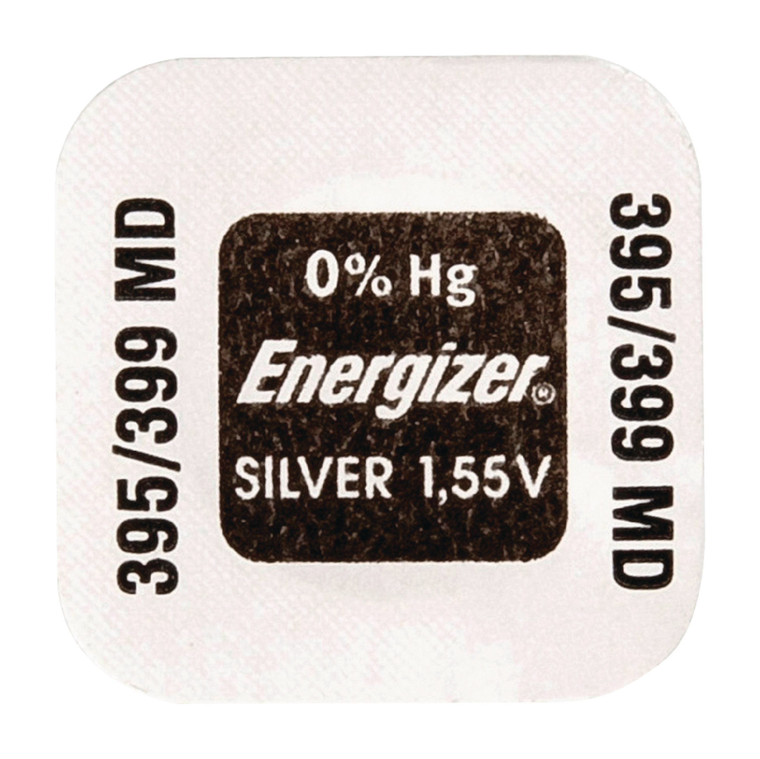 Opakowanie baterii z logo Energizer. Widnieje na nim napis 0% Hg, Silver 1.55V i 395/399 MD.