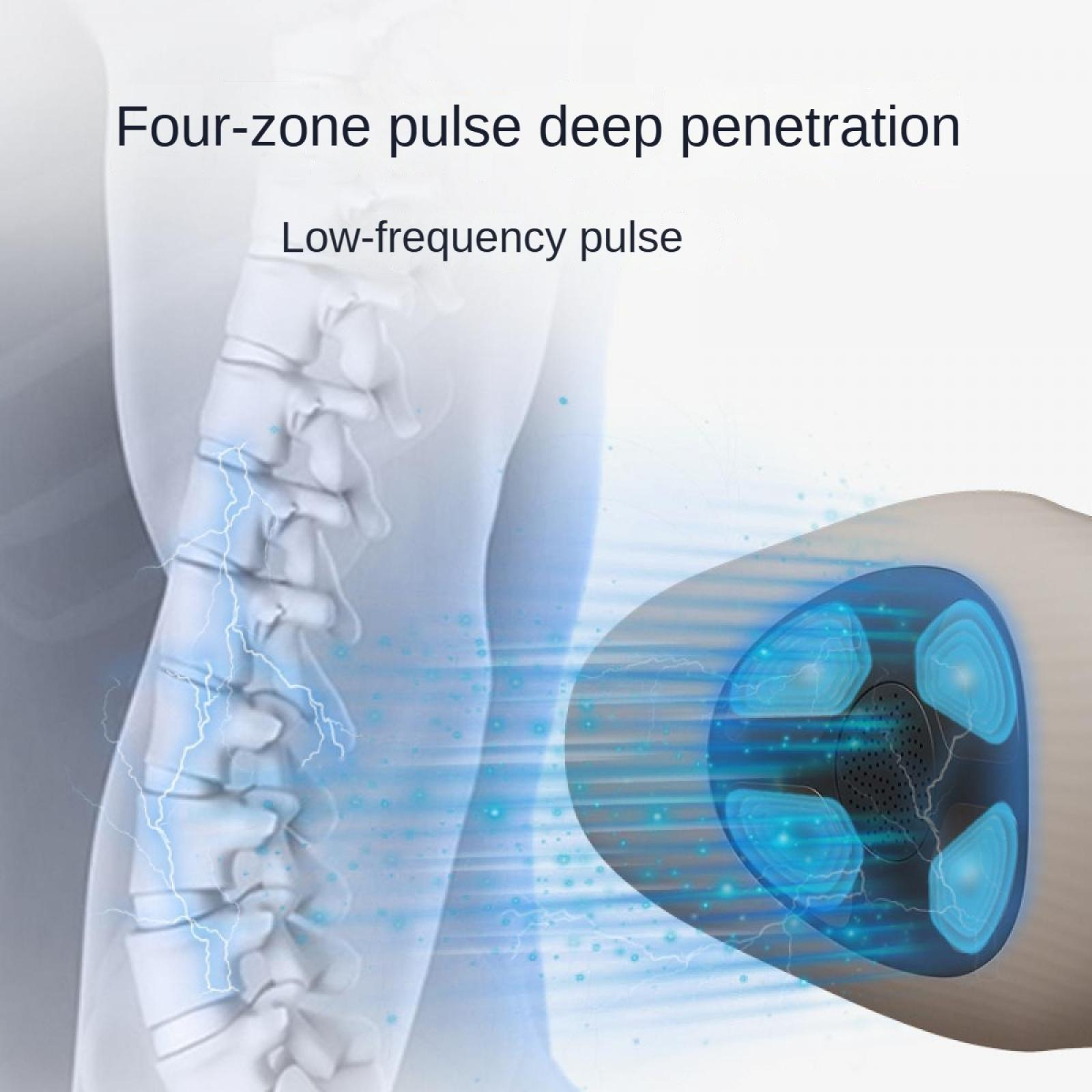 Bild zeigt Wirbelsäule mit Energielinien und ein Gerät mit blauen Lichtern, der Text lautet 'Four-zone pulse deep penetration'.