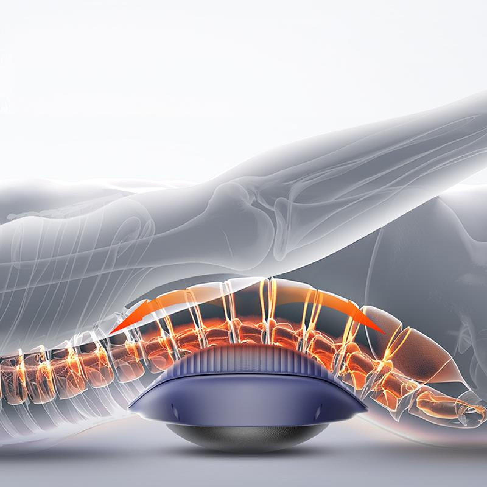 Anatomische Abbildung einer Wirbelsäule. Ein blaues Massagegerät liegt unter der Wirbelsäule, mit orangefarbenen Energielinien. Menschlicher Körper im Hintergrund.