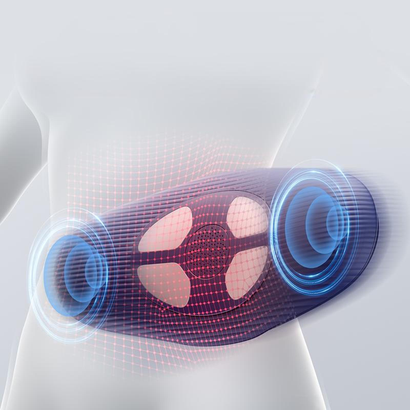 Anatomische Illustration. Ein Gerät ist um die Taille gewickelt. Blaue kreisförmige Lichter gehen vom Gerät aus. Ein Rastermuster ist vorhanden.