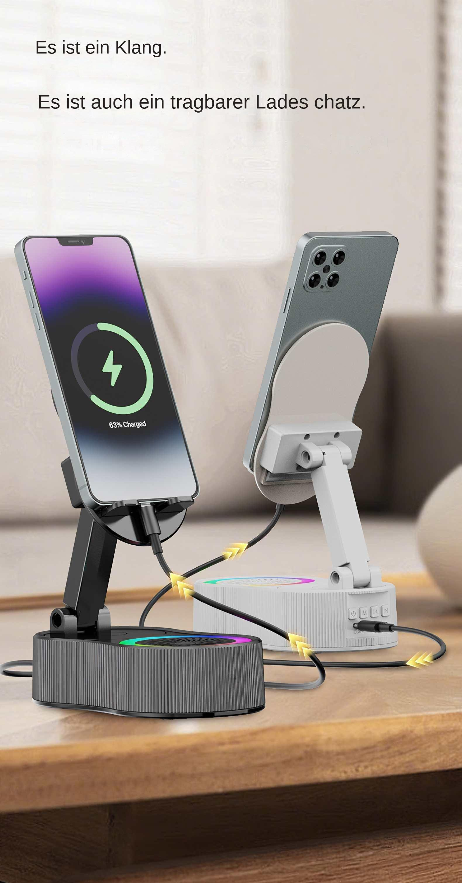 Zwei Telefone auf Ladestationen. Eines zeigt 63 % geladen an. Beide sind durch Ladekabel auf einer Holzoberfläche verbunden.