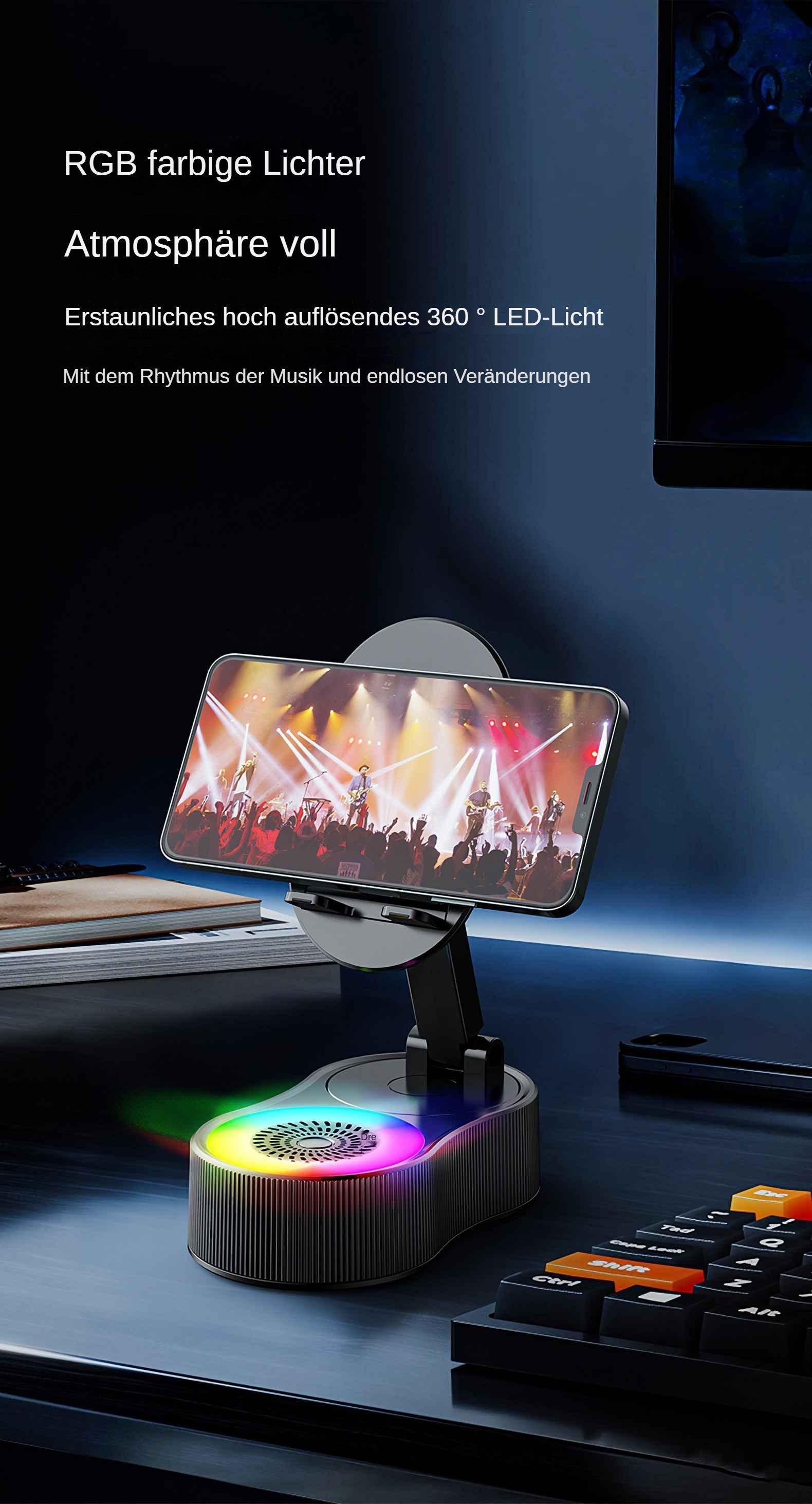 Ein Telefonständer mit einem Telefon, das eine Konzertszenen zeigt. Es hat RGB-Lichter. Eine Tastatur ist im Vordergrund.