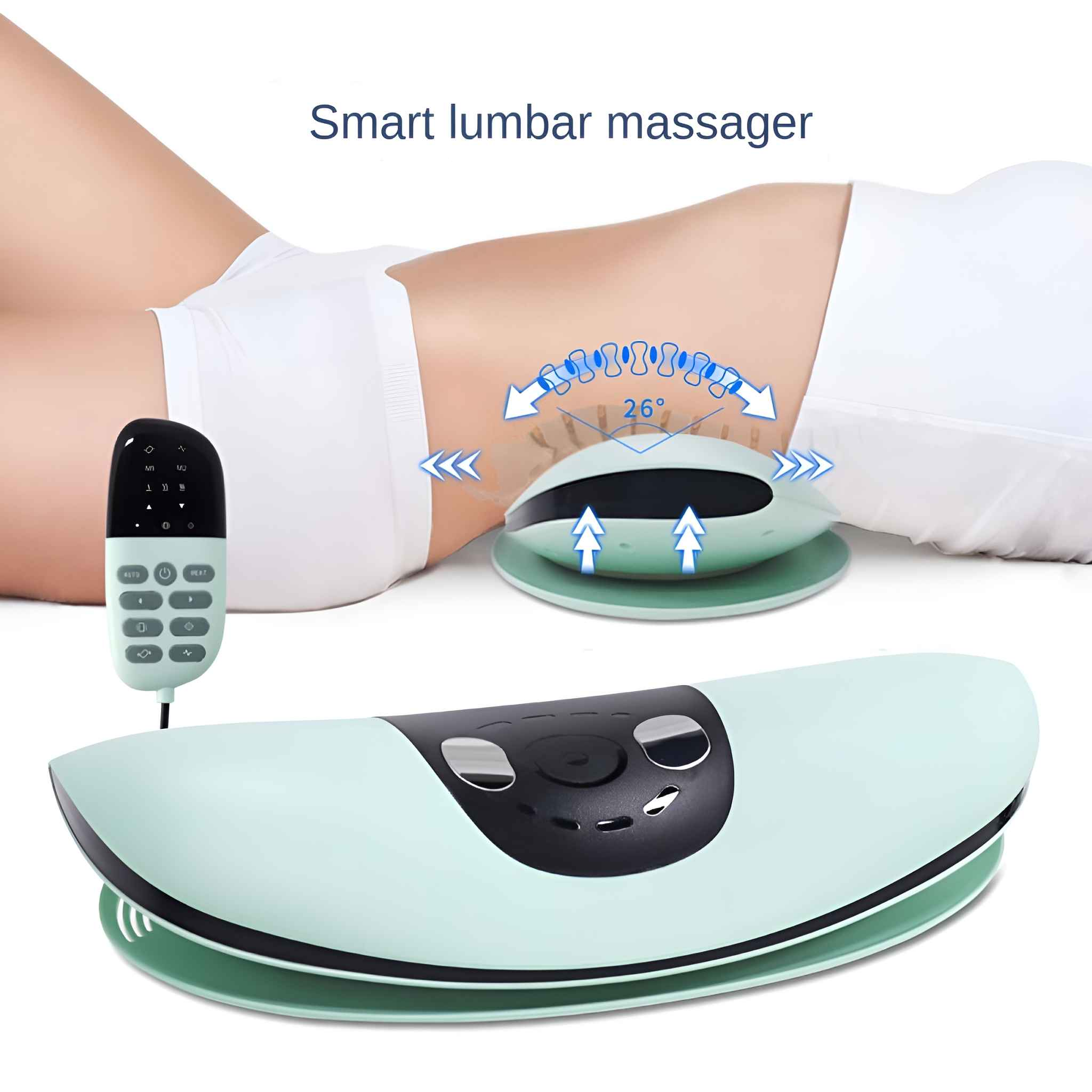 Eine Person liegt und benutzt ein intelligentes Lendenwirbelmassagegerät. Eine Fernbedienung liegt daneben. Pfeile und Zahlen zeigen Massagefunktionen.