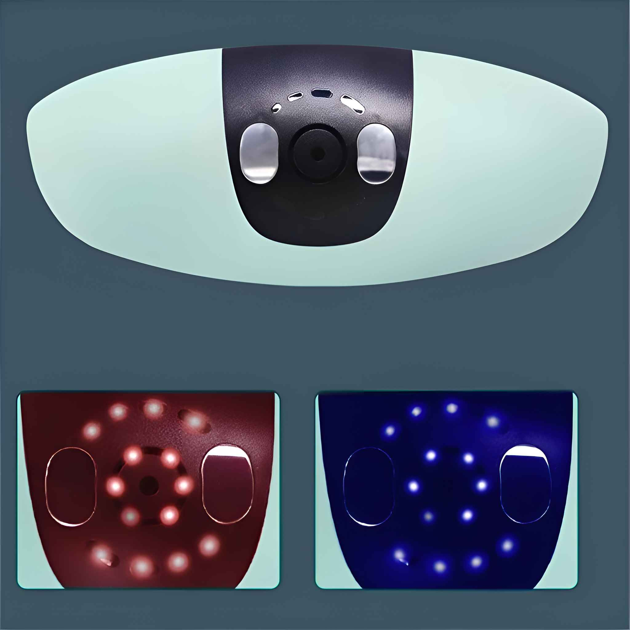 Gerät mit mintgrünen und schwarzen Abschnitten. Zwei untere Paneele zeigen Lichter in Rot und Blau. Knöpfe und Lichter sind sichtbar.