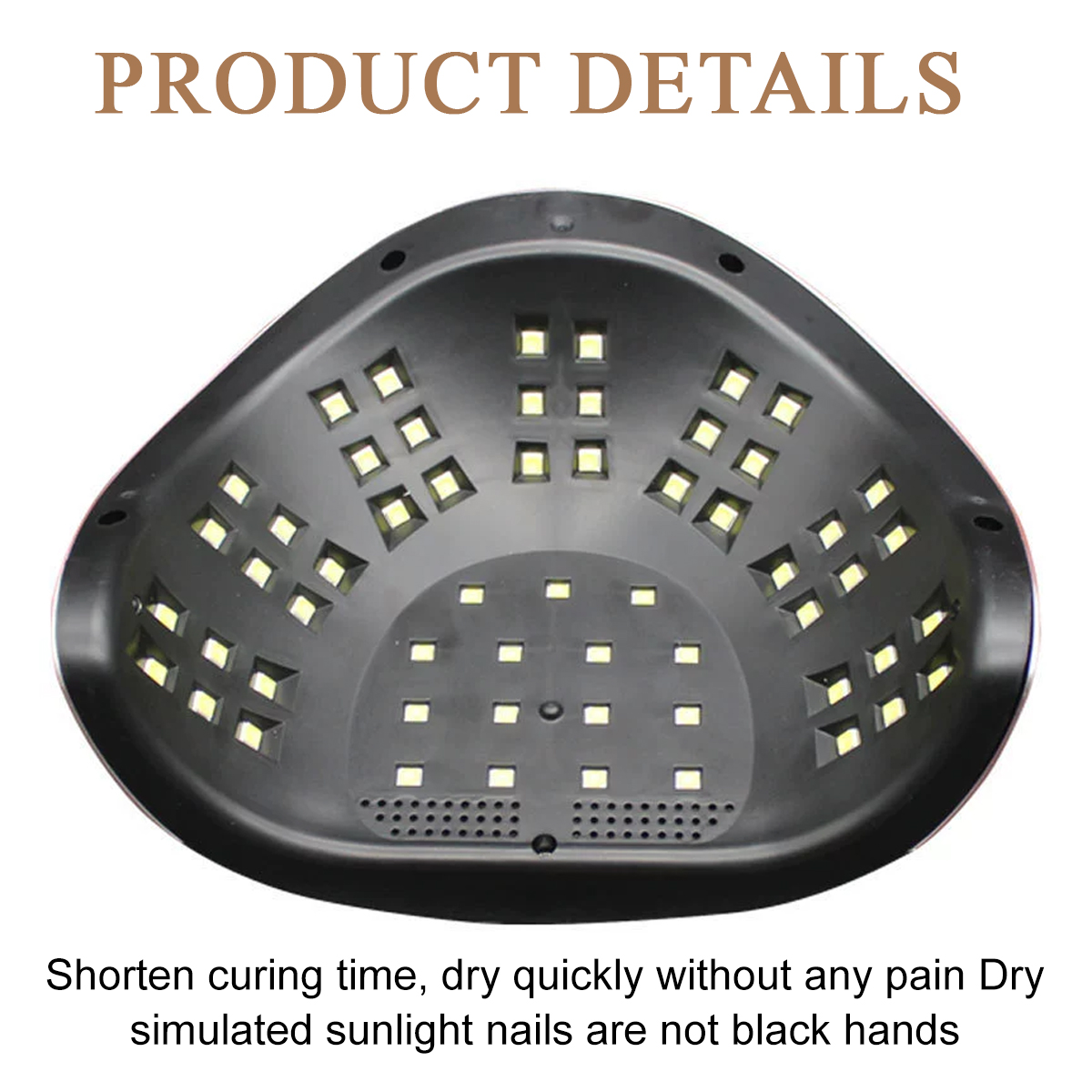Schwarze Nagellampe mit vielen kleinen gelben Lichtern. Der Text lautet 'PRODUKT DETAILS'. Der untere Text gibt Vorteile an.