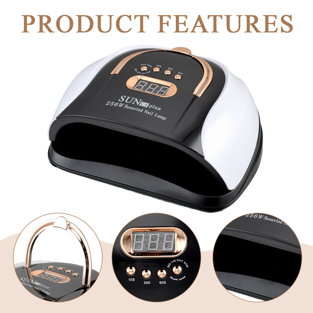 Eine schwarze, weiße und goldfarbene Nagellampe mit Digitalanzeige und Knöpfen. Text enthält "SUN plus" und "PRODUCT FEATURES".