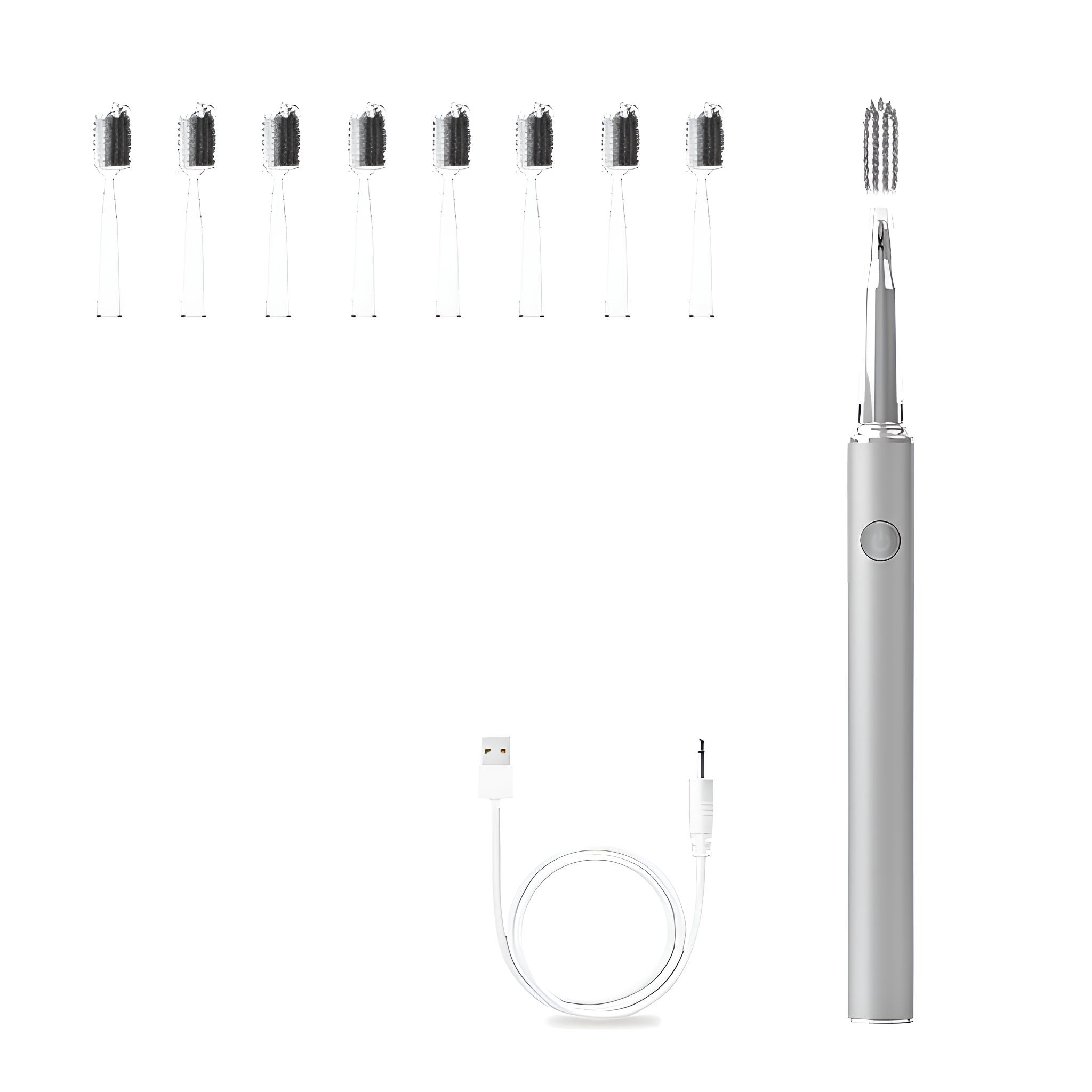Eine elektrische Zahnbürste, acht Bürstenköpfe und ein USB-Ladekabel werden vor weißem Hintergrund angezeigt.