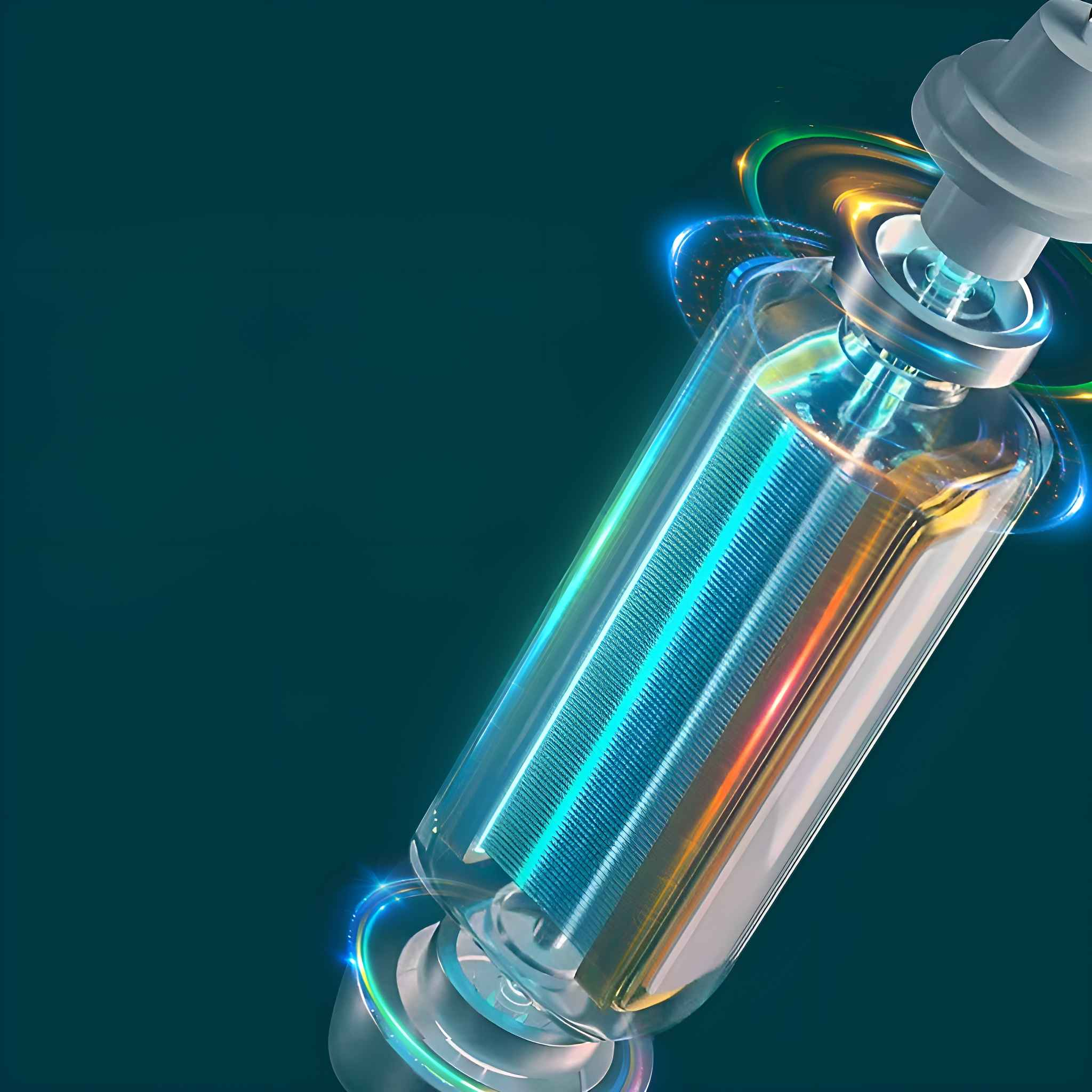 Ein transparenter Zylinder mit blauen und orangen Innenelementen. Es ist von leuchtenden Ringen und metallischen Komponenten umgeben, vor dunklem blaugrünen Hintergrund.