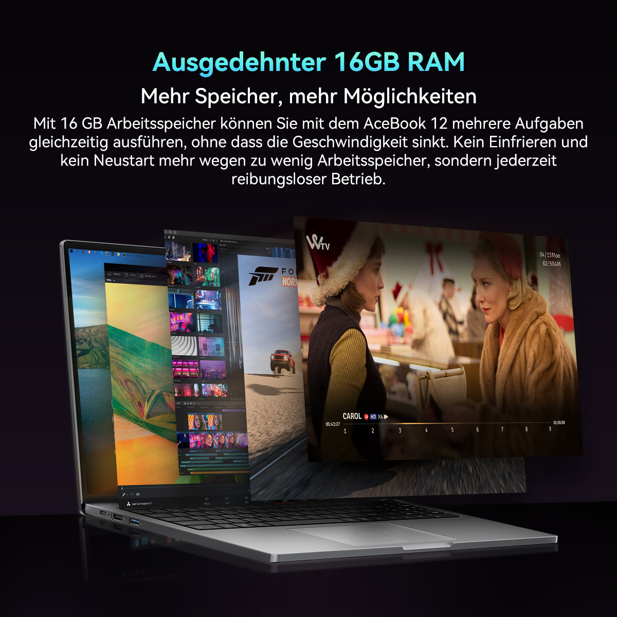 Ein Laptop zeigt mehrere Fenster mit Video und Anwendungen. Text-Overlay zeigt 'Ausgedehnter 16GB RAM' und weitere Details.