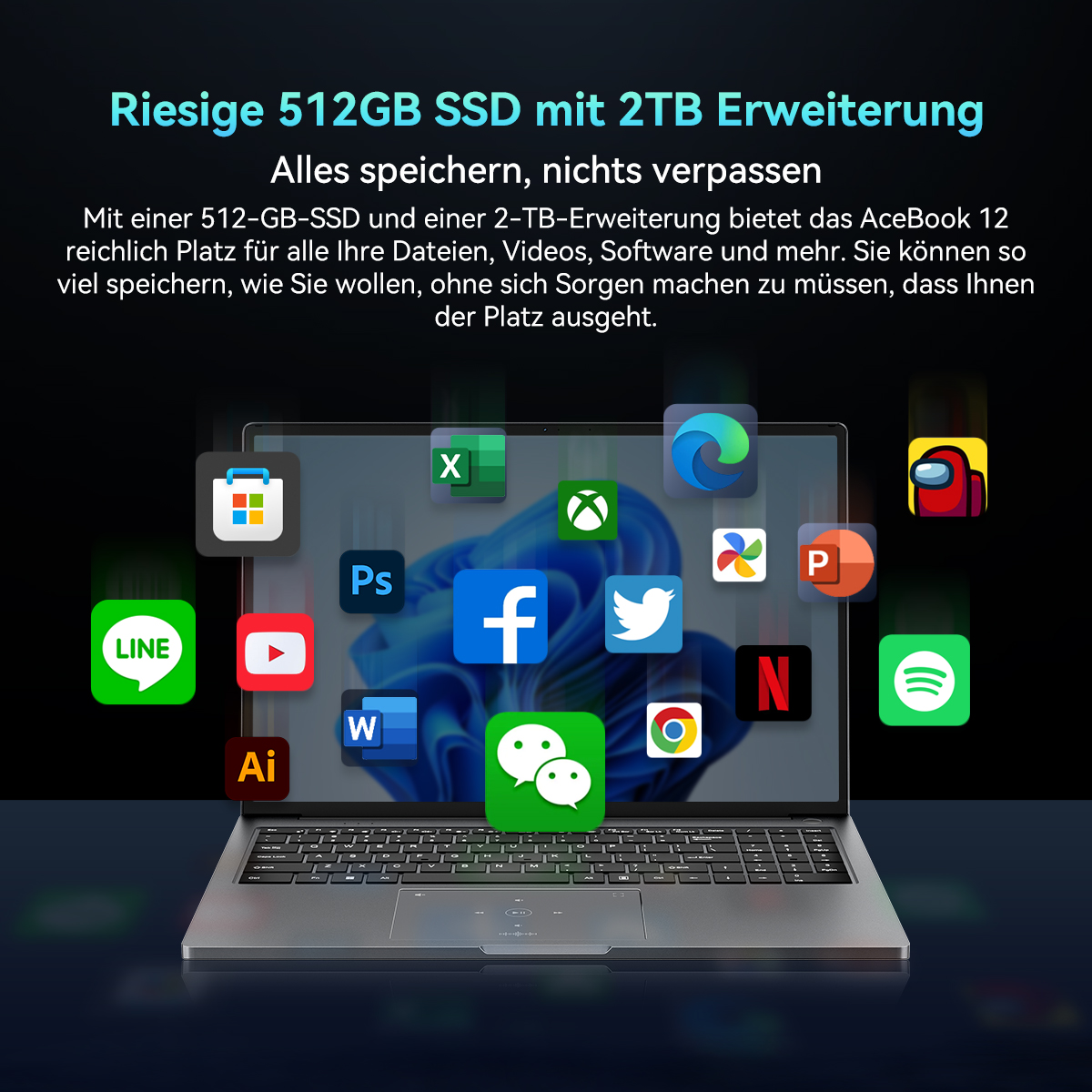 Ein Laptop zeigt App-Icons wie Facebook, Twitter und Spotify an. Der Bildschirm zeigt eine Windows-Oberfläche. Text oben wirbt für Speicher.