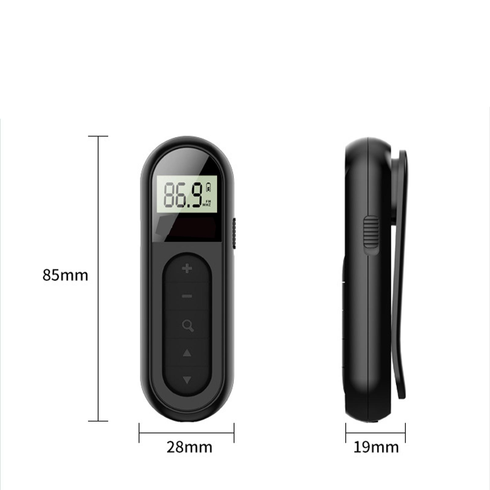 Ein schwarzes UKW-Radio mit einem Display, das 86,9 anzeigt. Es hat Knöpfe und die Abmessungen sind: 85 mm hoch, 28 mm breit und 19 mm dick.