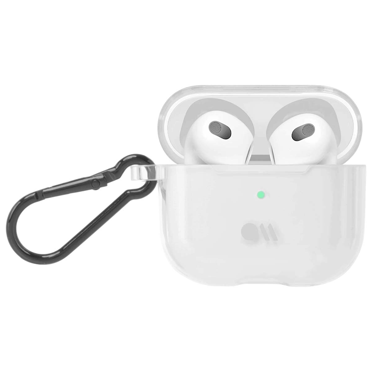 AirPods bianche in una custodia trasparente aperta, con moschettone nero attaccato. La custodia ha una luce verde e un logo.