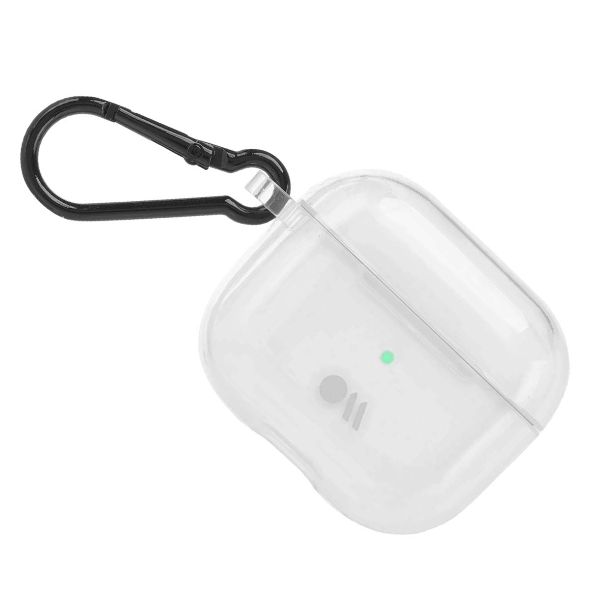 Custodia trasparente per AirPods con moschettone nero. La custodia ha una luce verde e un logo. Sfondo bianco.